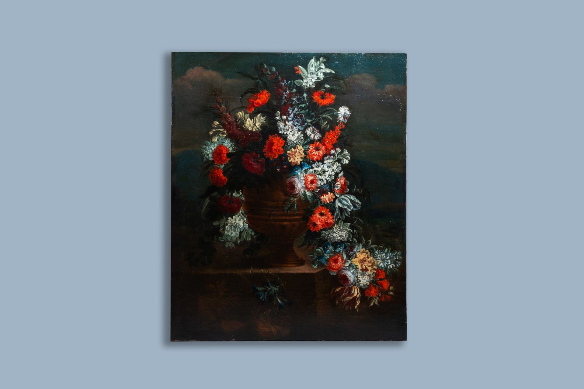 Flemish school, monogrammed V.H.: A bouquet of flowers in an urn, oil on canvas, 18th C. - Image 2 of 4