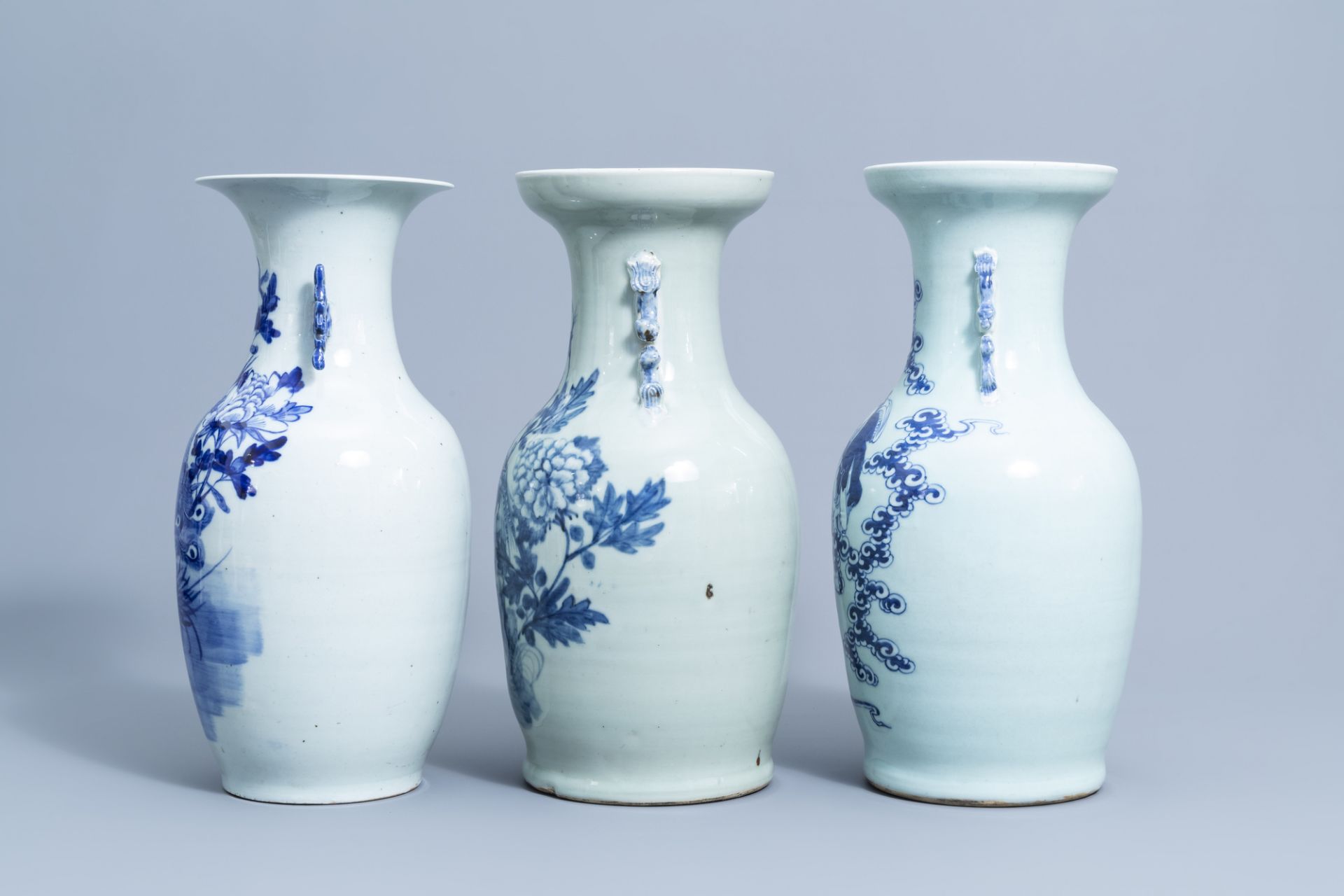 Three various Chinese blue and white celadon ground vases, 19th/20th C. - Image 5 of 7