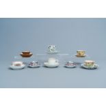 Eight various Chinese famille rose and famille verte cups and eight saucers, Kangxi and later