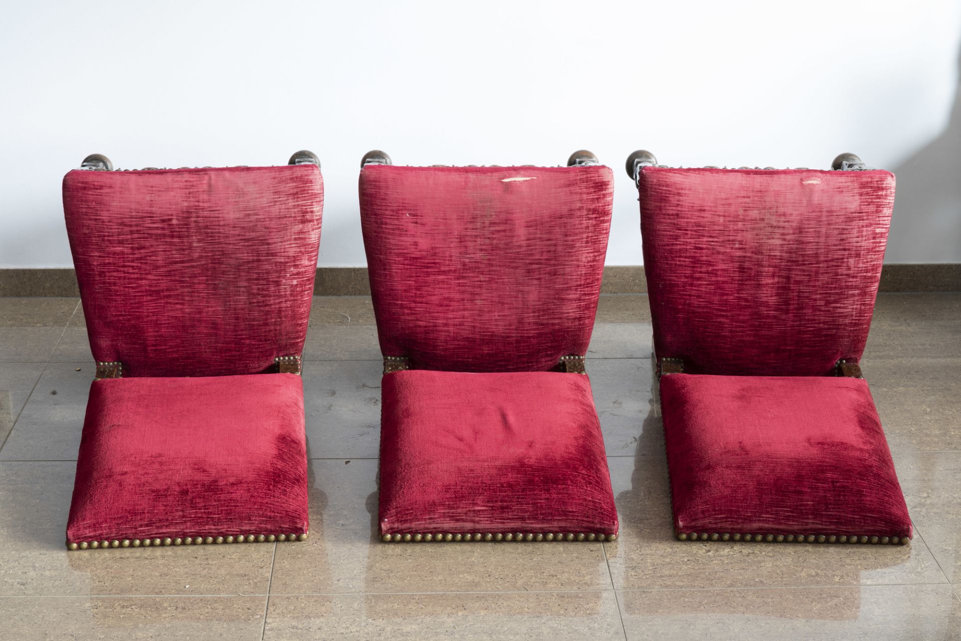 Six Dutch wooden chairs with red velvet upholstery, mainly 19th C. - Image 12 of 13