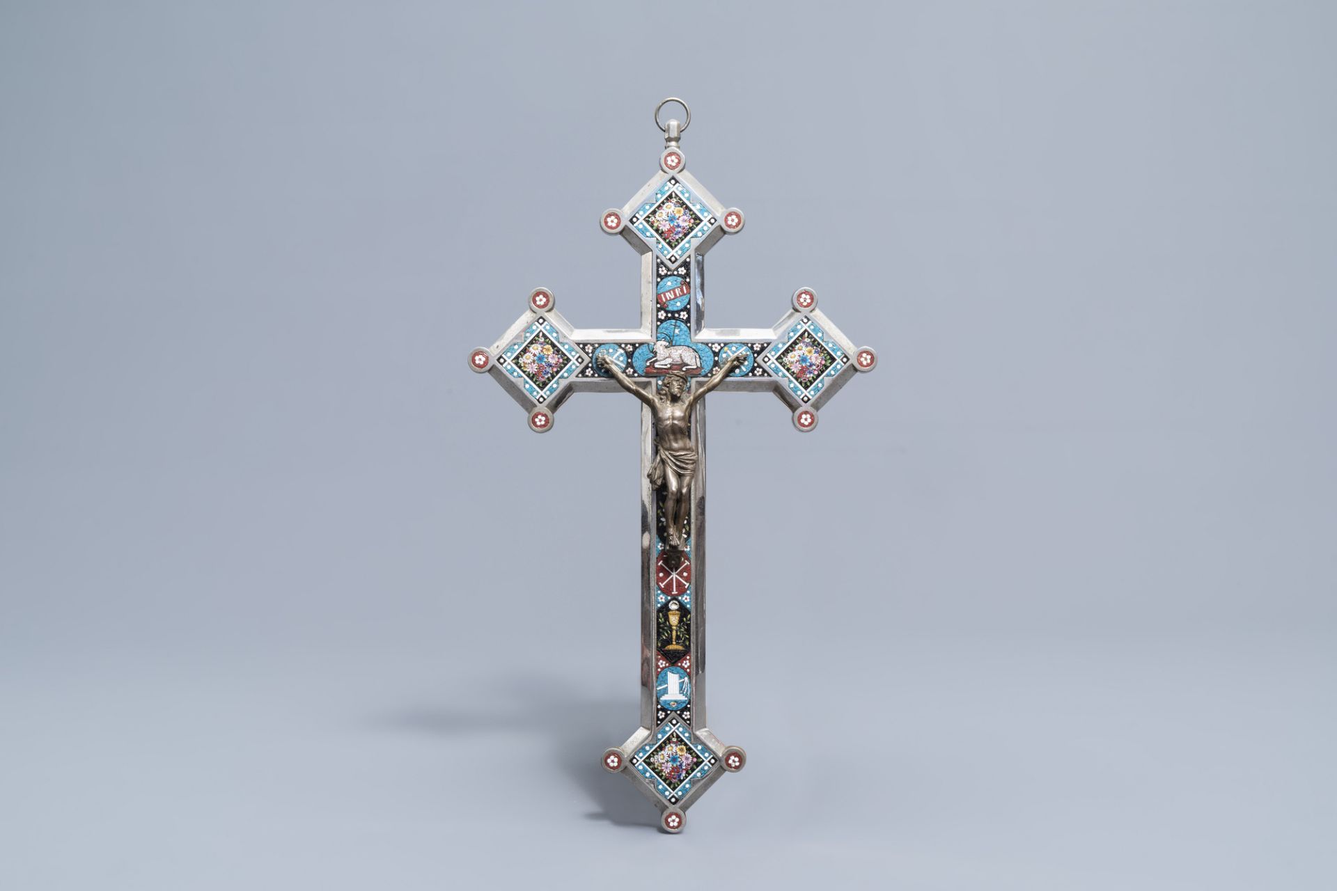 An Italian micro mosaic crucifix with the Mystic Lamb, ca. 1900