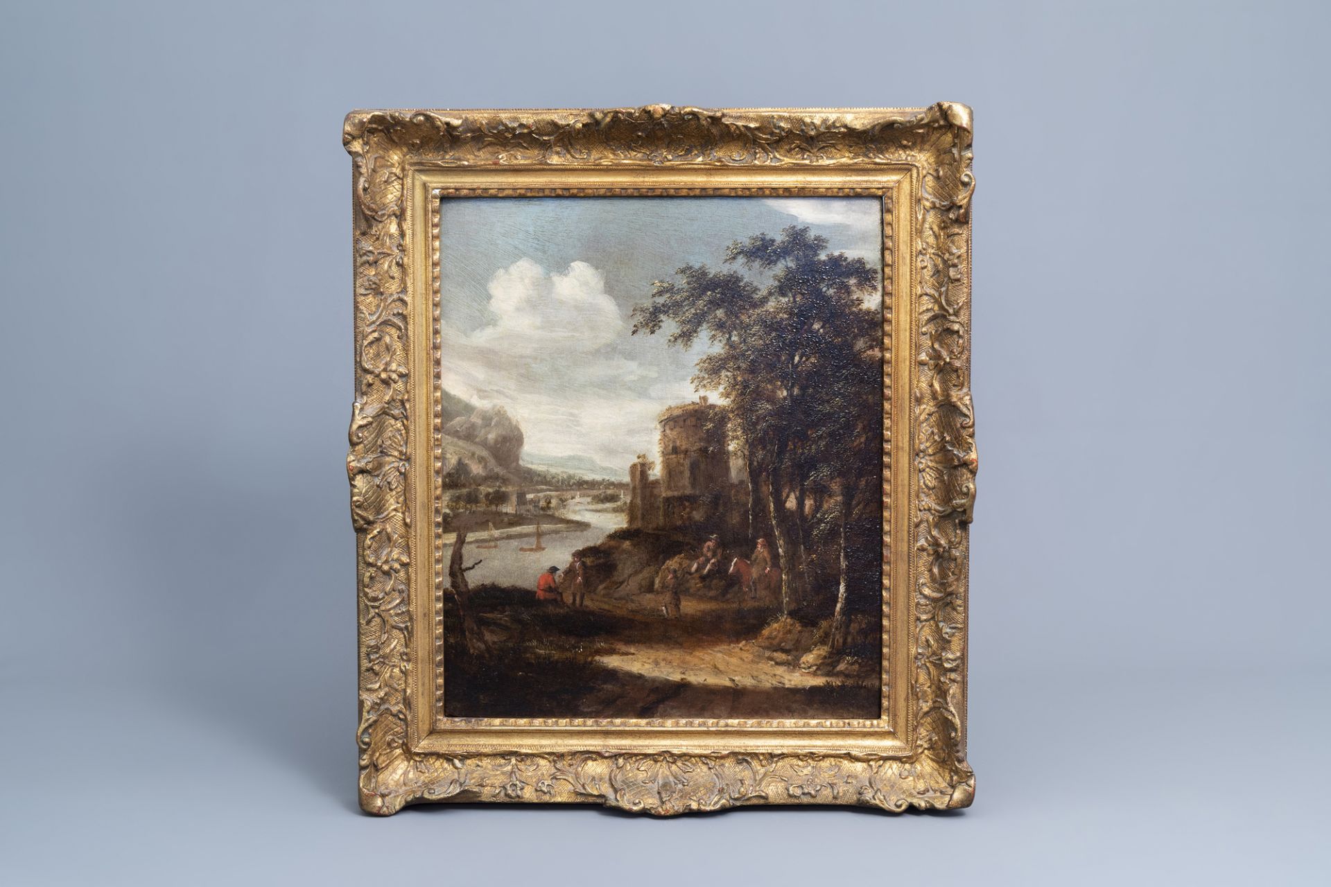 Dutch school, circle of Dionijs Verburgh (1655-1722): An animated river landscape, oil on panel, ca. - Image 2 of 4