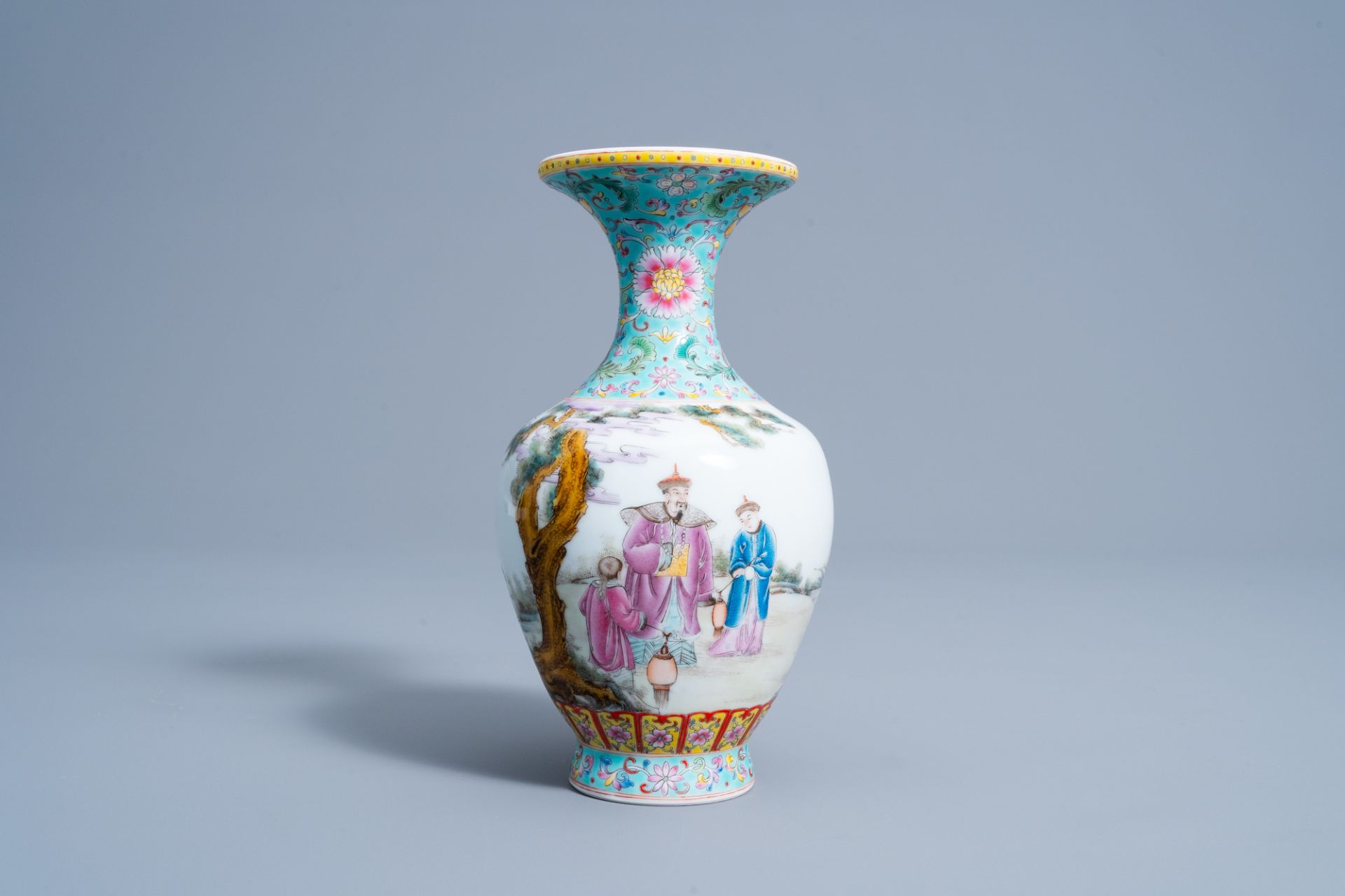 A Chinese famille rose vase with figures in a landscape, Qianlong mark, 20th C.