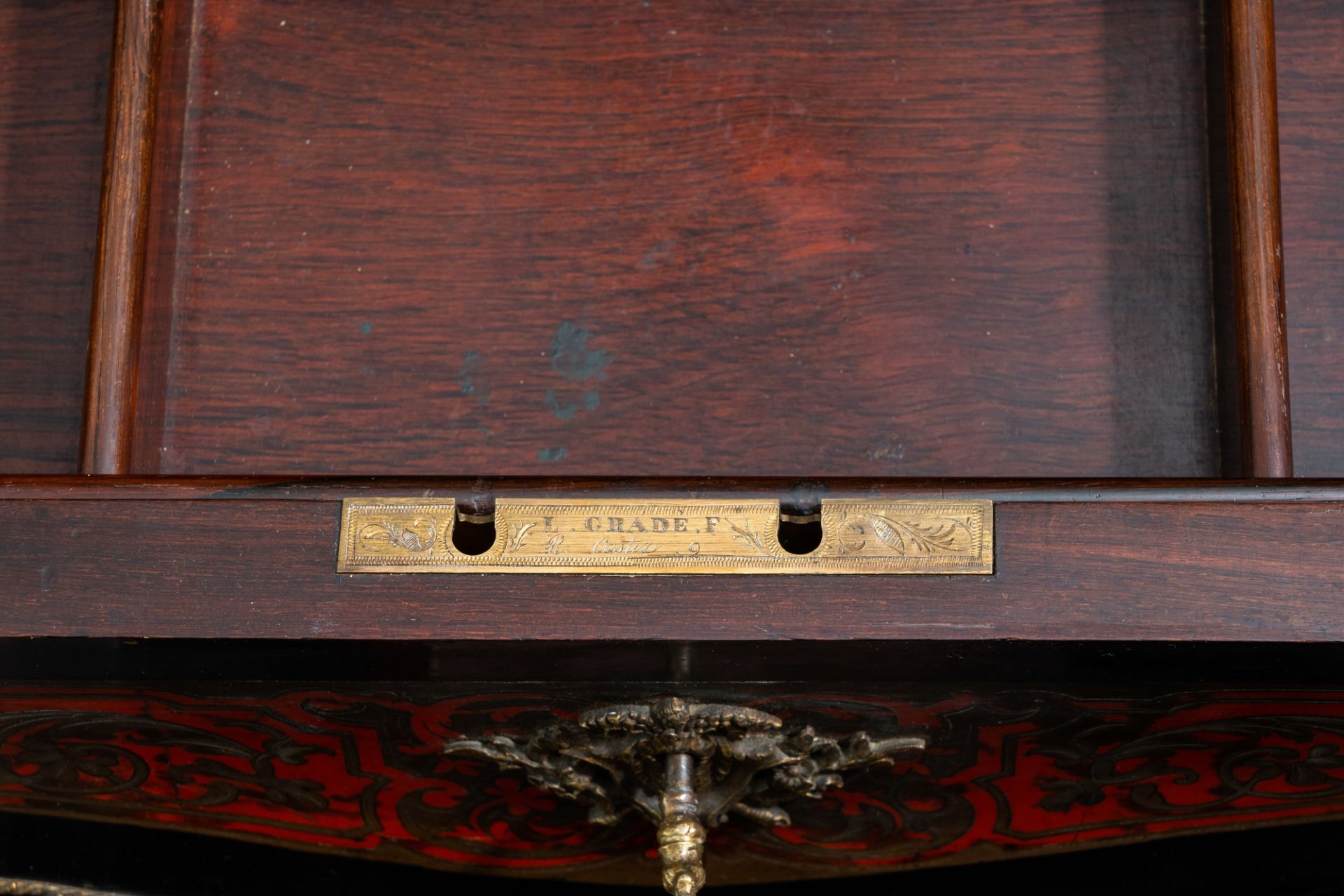 A French Historicism gilt mounted and brass marquetry sewing table, L. Grade F. - R(ue) Castex 9, 19 - Image 12 of 13