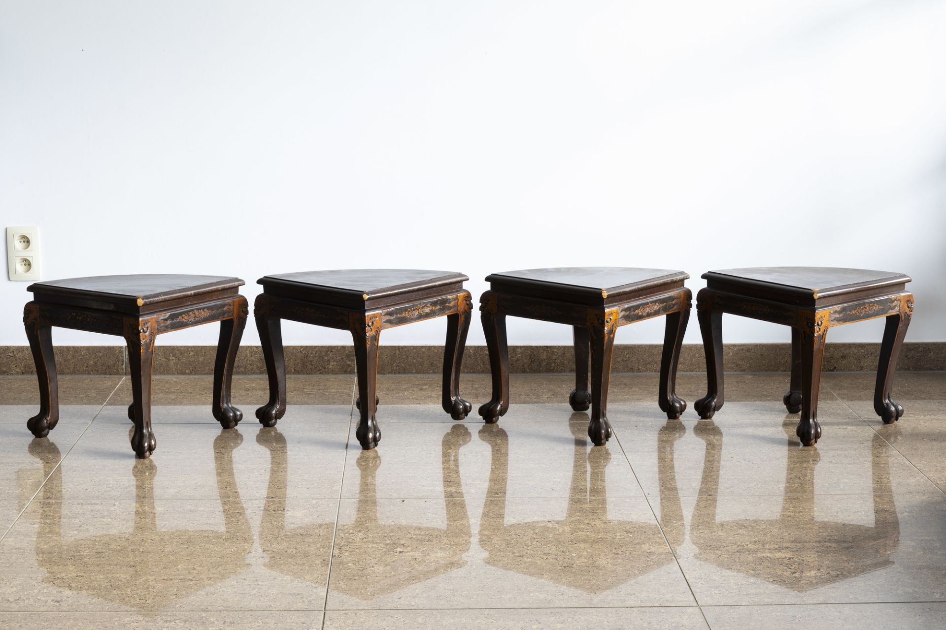 A Chinese wooden coffee table and four stools with relief design, 20th C. - Image 9 of 13