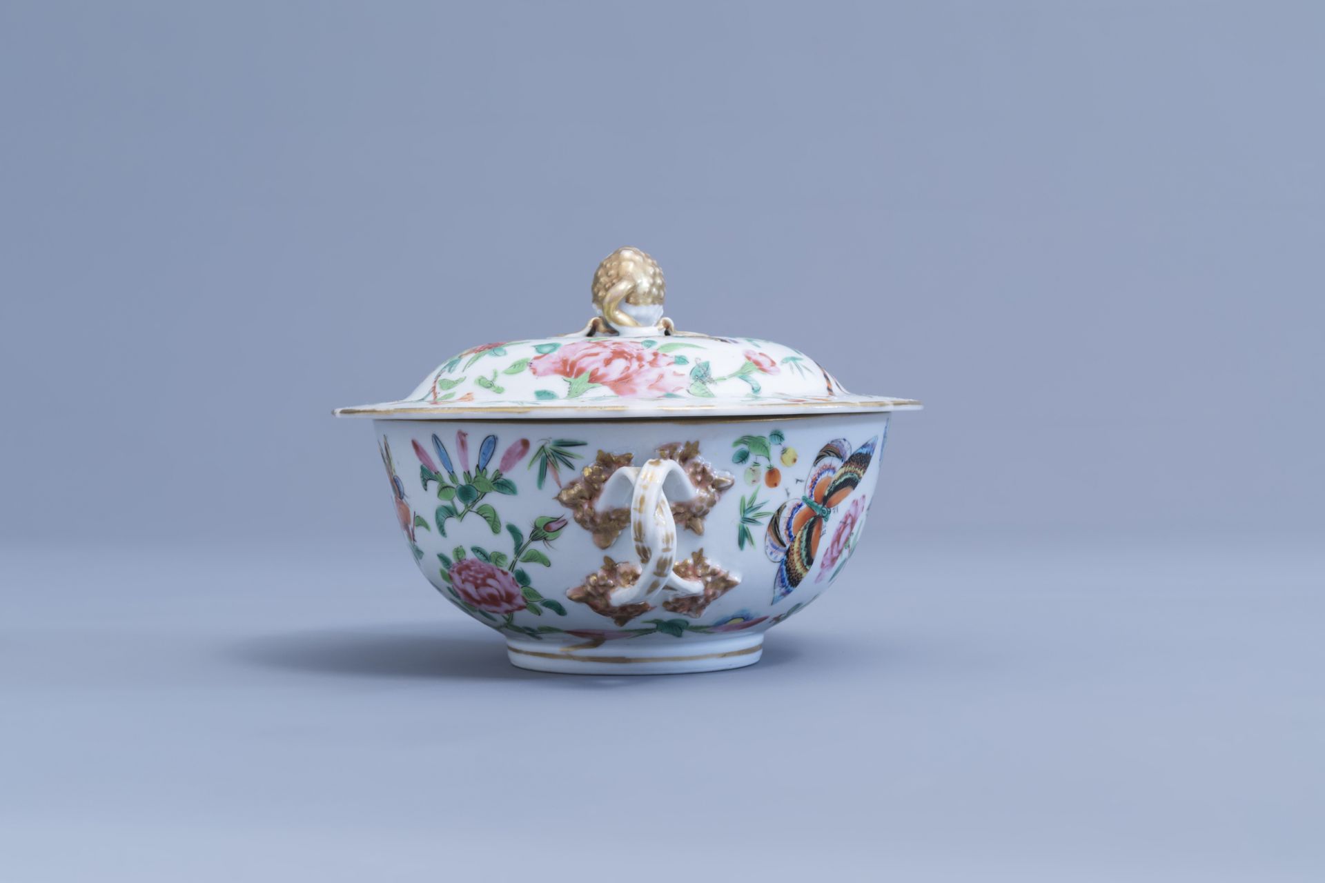 A Chinese Canton famille rose bowl and cover and a dish with birds, butterflies and insects among bl - Image 5 of 9
