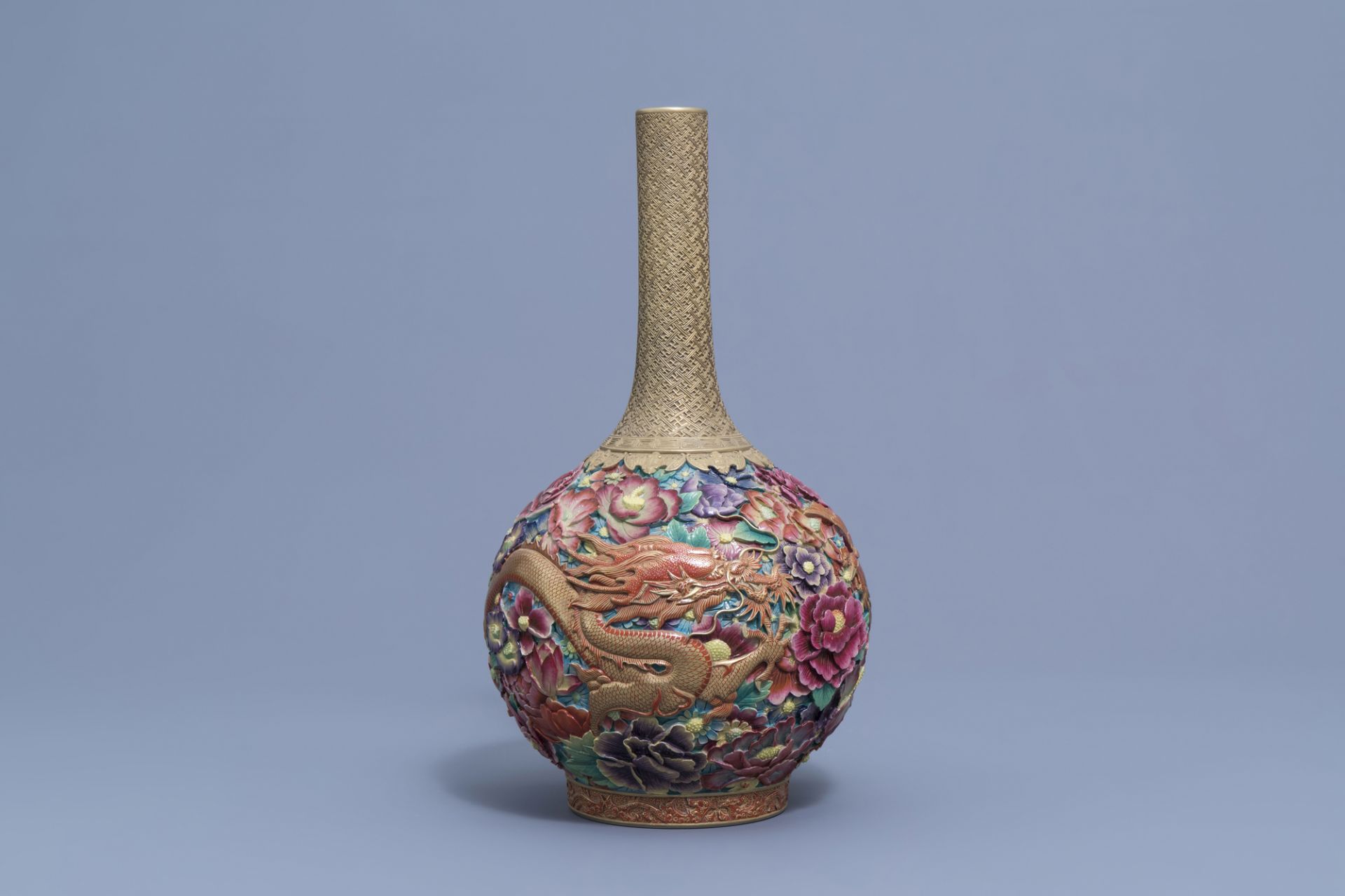 A Chinese famille rose 'dragon and phoenix' bottle vase, Qianlong mark, 20th C. - Image 2 of 7