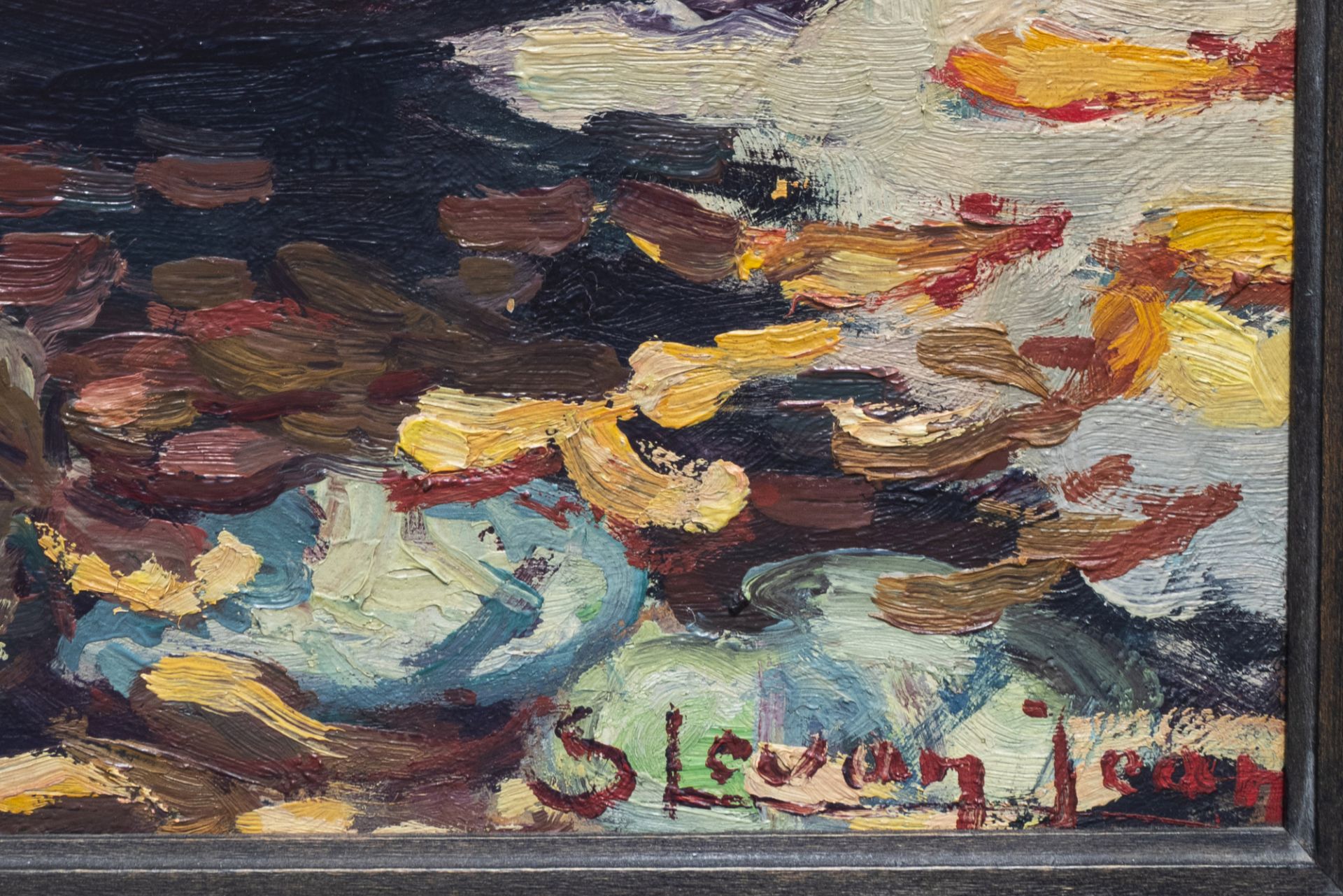Jean Stevan (1896-1962): Sunlit riverbank with a sloop, oil on board - Image 4 of 5