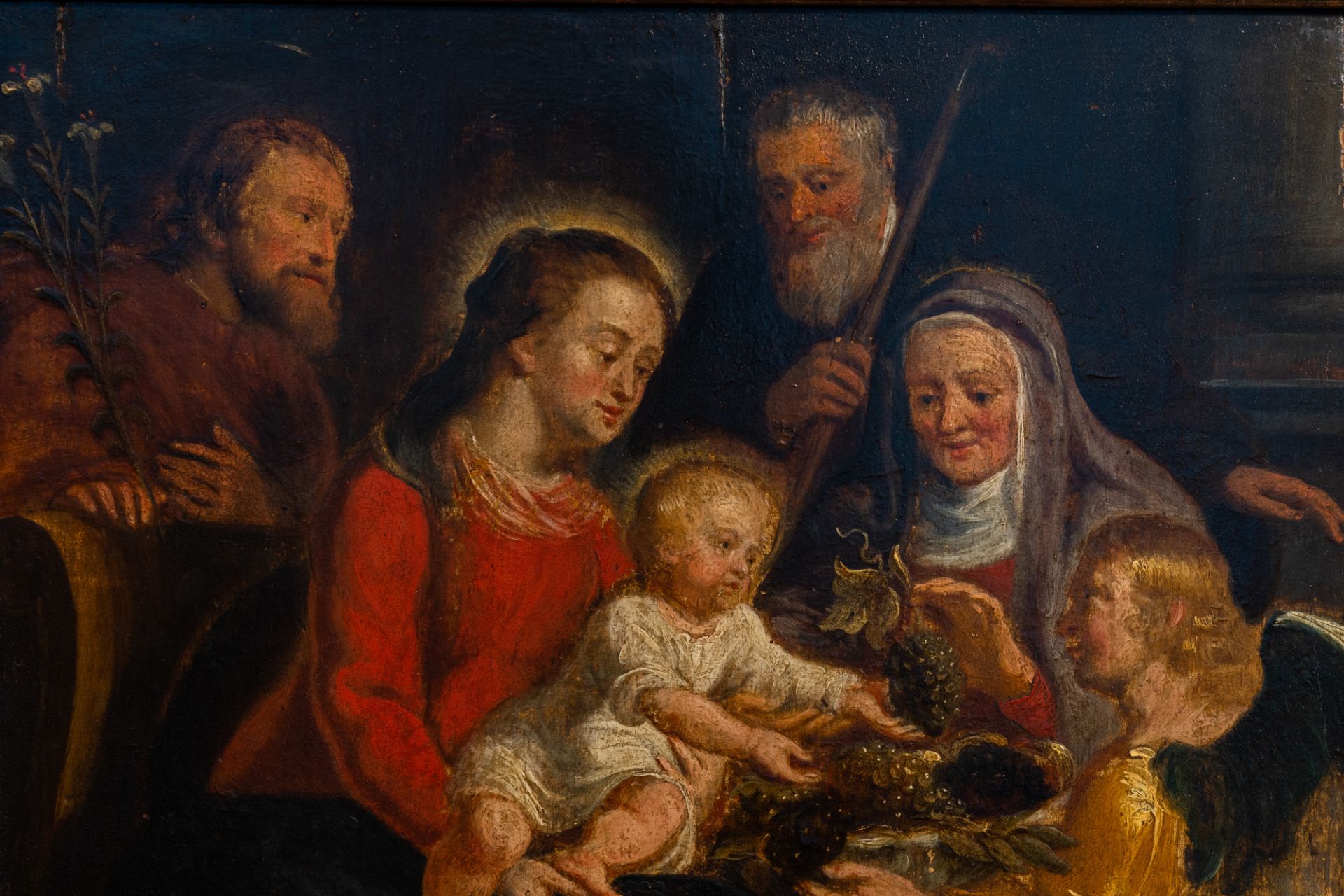 Flemish school: The Holy Family with Saints Anne and Joachim and an angel, oil on panel, 17th C. - Image 4 of 5