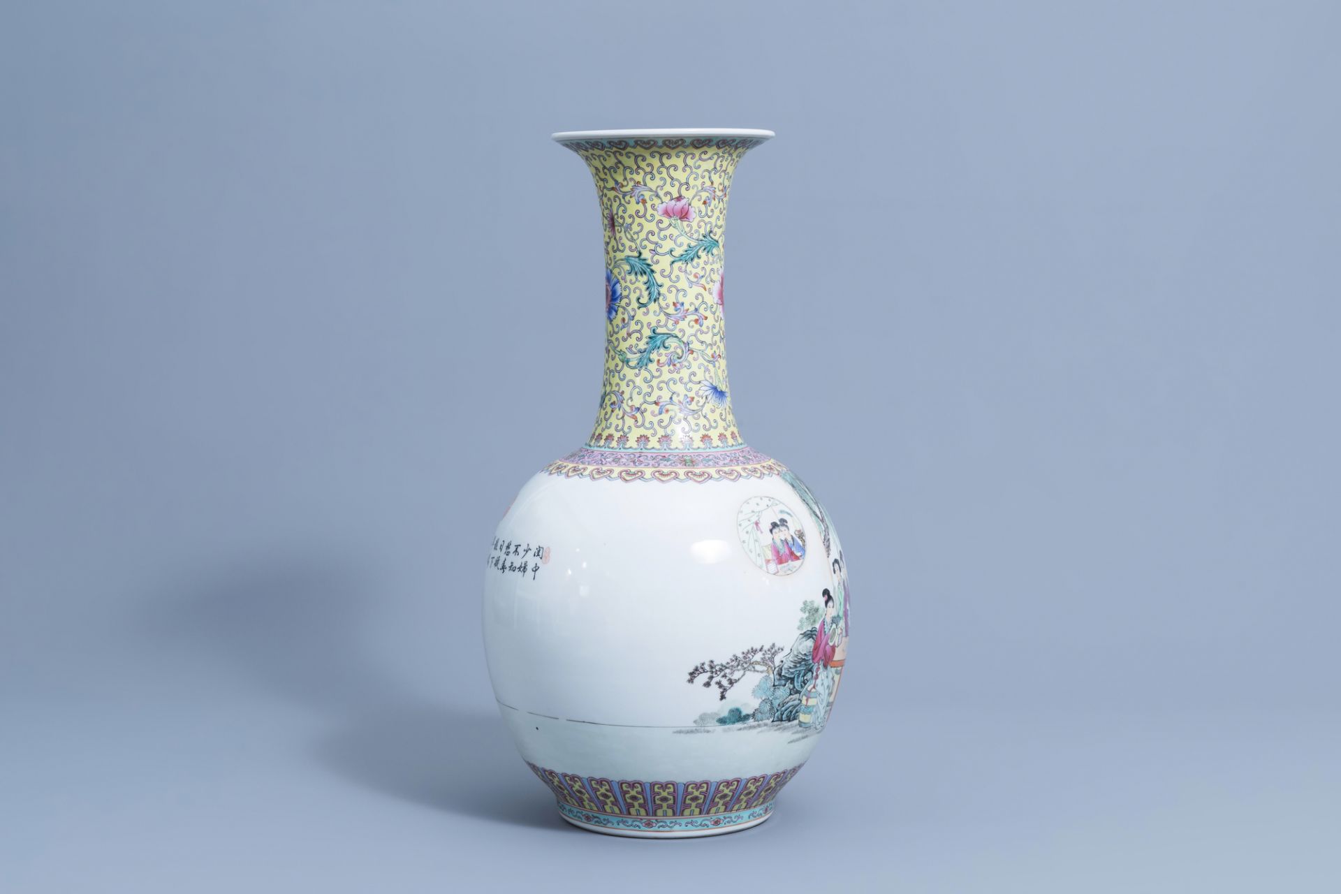 A large Chinese bottle shaped famille rose vase with ladies on a terrace, Qianlong mark, 20th C. - Image 3 of 7
