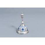 A Dutch silver tabel bell with an open worked blue and white Transition bowl with floral design, 17t