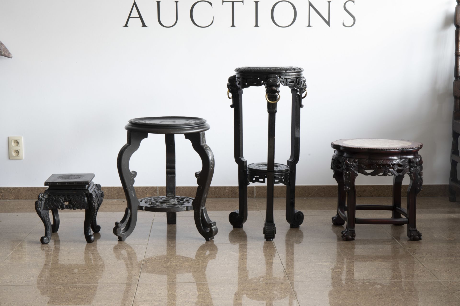 Four Chinese wood stands, one with a marble top, 20th C. - Image 4 of 7