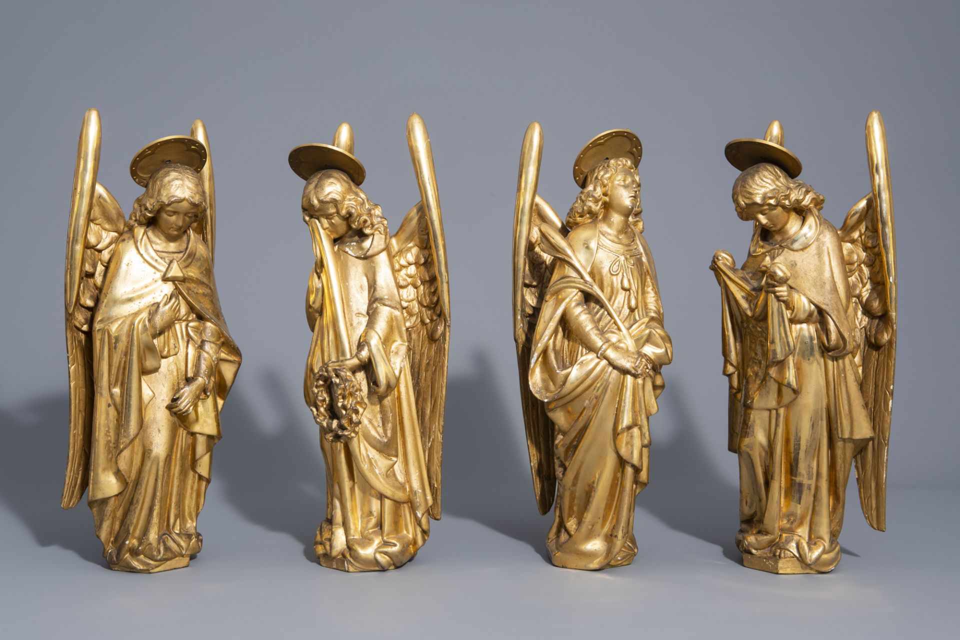 Four Gothic revival gilt wood angel statues with Arma Christi, 19th C.