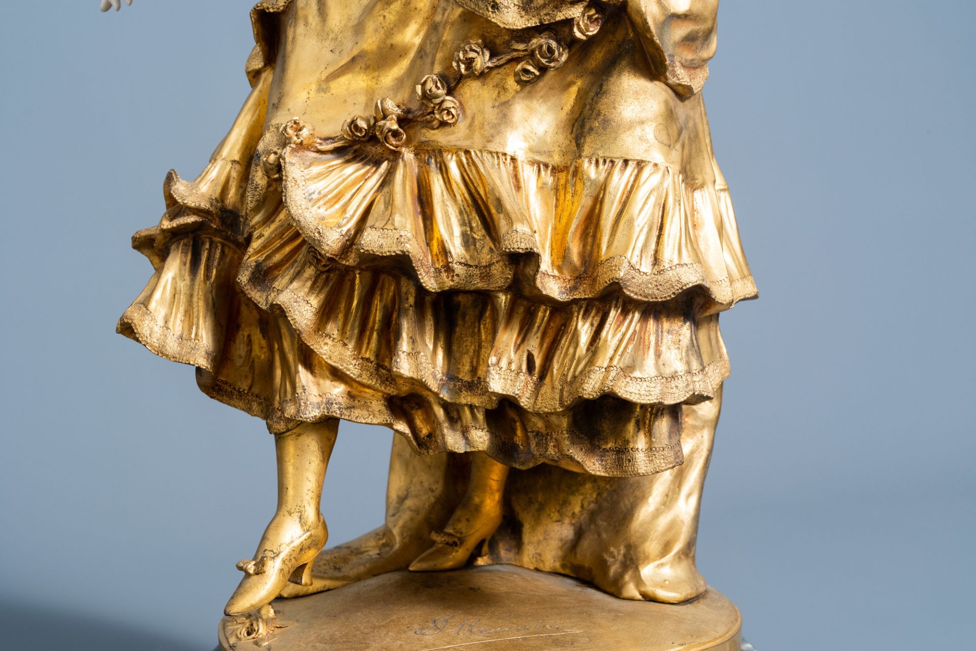 Affortunato Gory (act. 1895/1925): A dancing lady with a flower in her hand, marble and gilt bronze, - Image 9 of 11