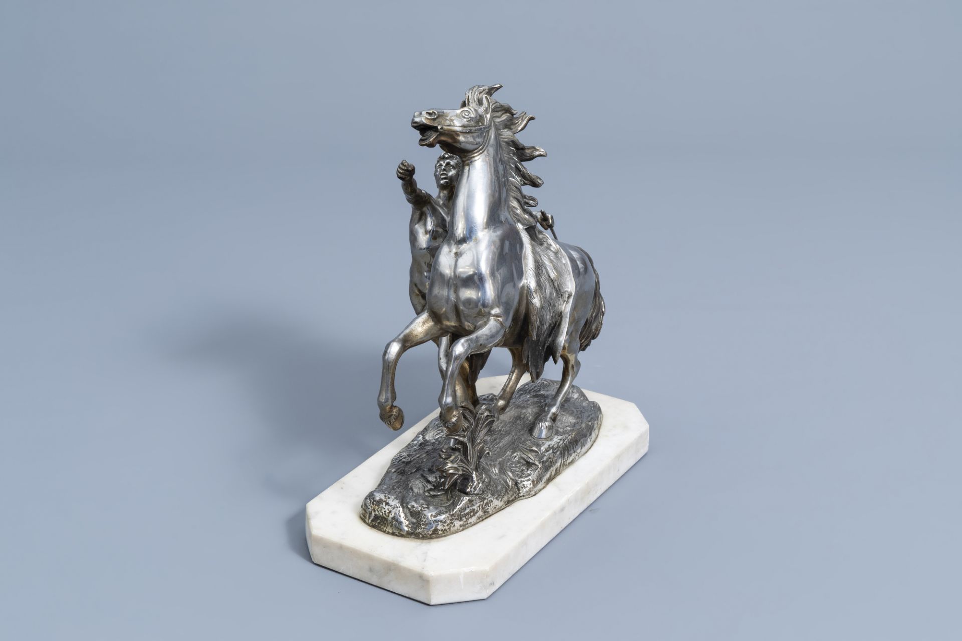 French school, after Guillaume Coustou the Elder (1677-1746): A Marly horse, silver plated bronze on - Image 2 of 9