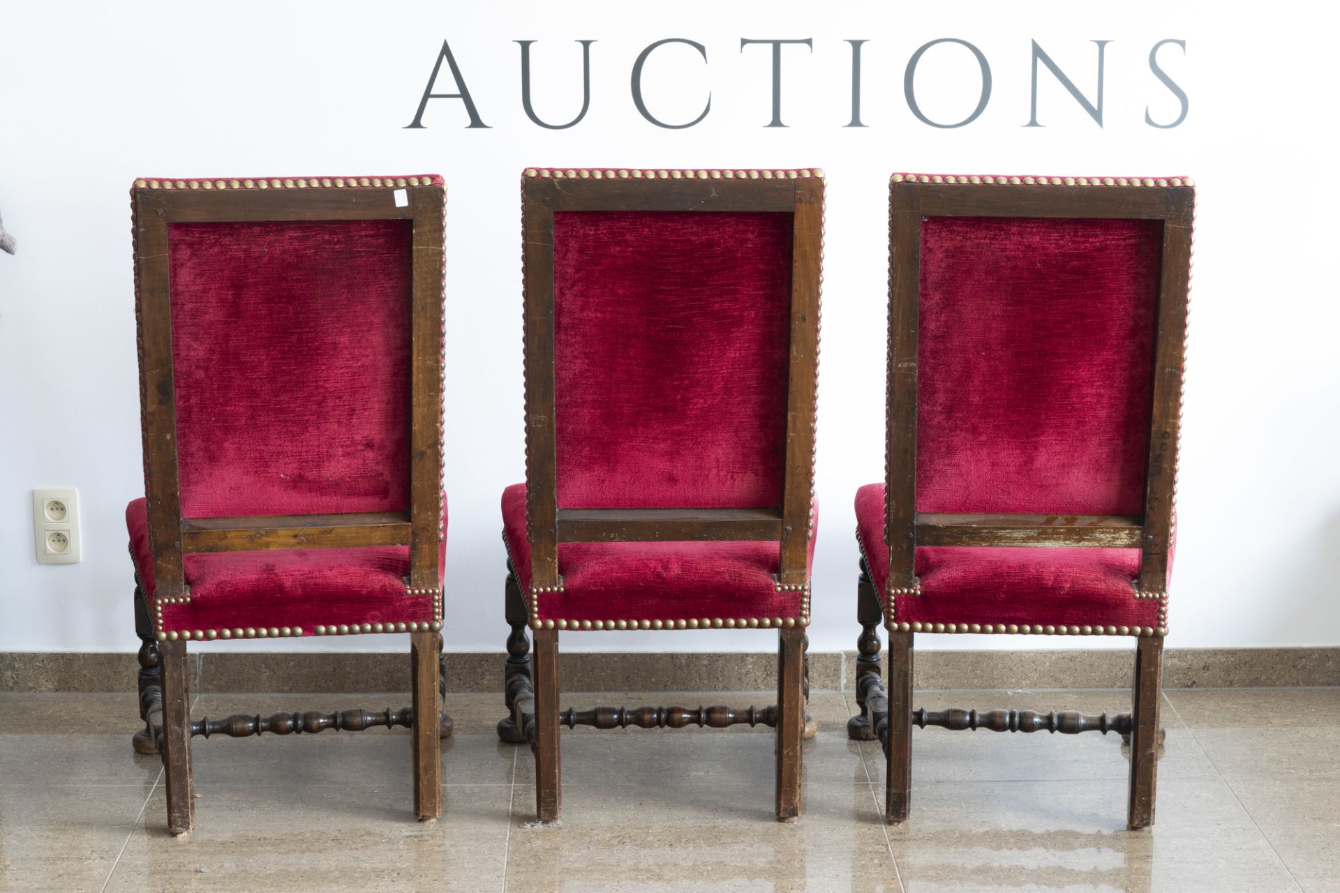 Six Dutch wooden chairs with red velvet upholstery, mainly 19th C. - Image 4 of 13