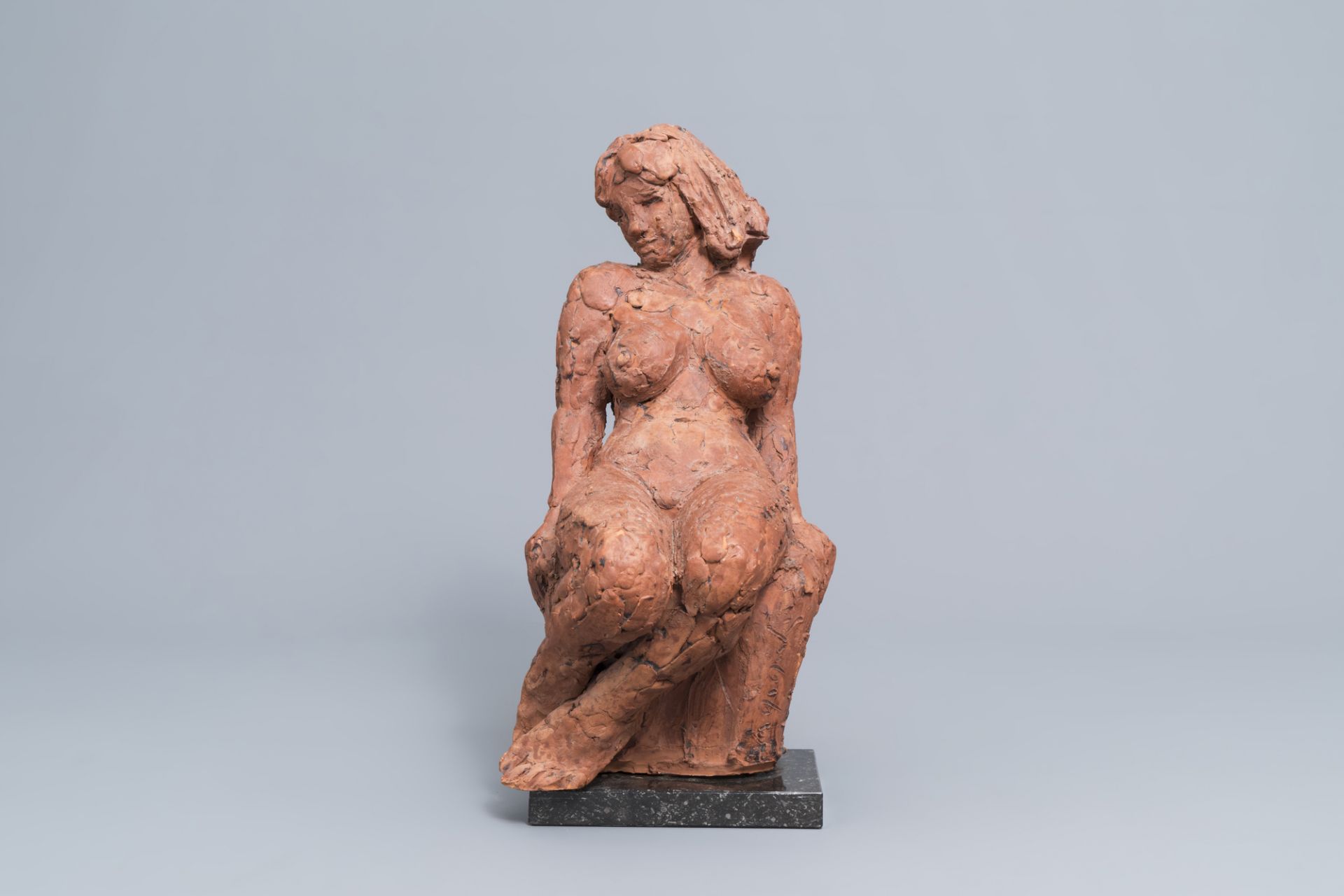 Jos De Decker (1912-2000): Seated nude, terracotta on a marble base, dated 1977 - Image 2 of 7