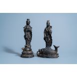 Two Japanese bronze groups depicting Kannon on a carp and on a turtle, 19th/20th C.