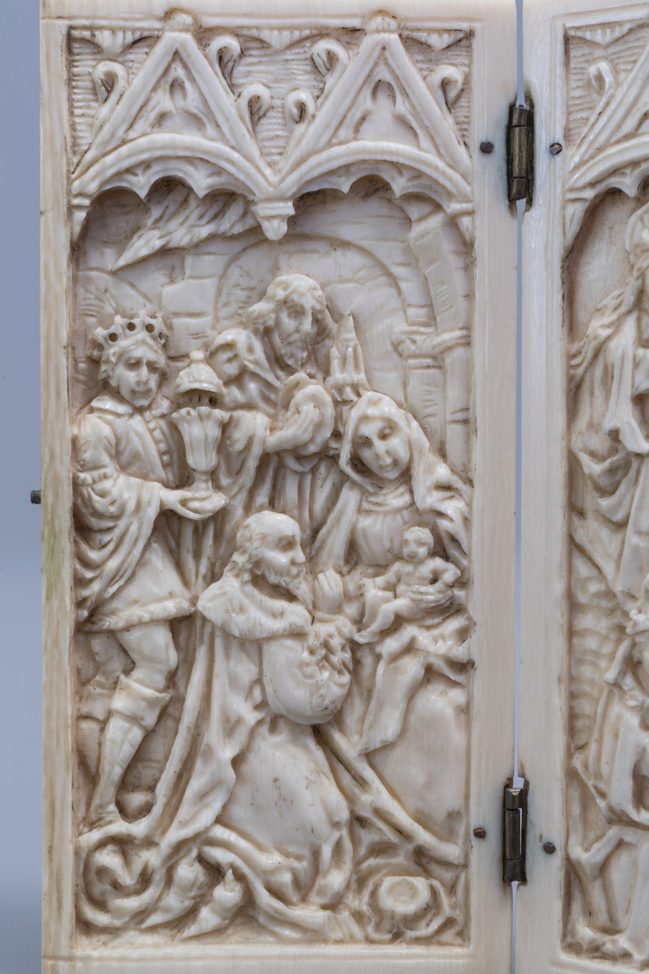 A French Gothic Revival carved ivory diptych depicting the Adoration of Christ and Mary Queen of Hea - Image 8 of 8