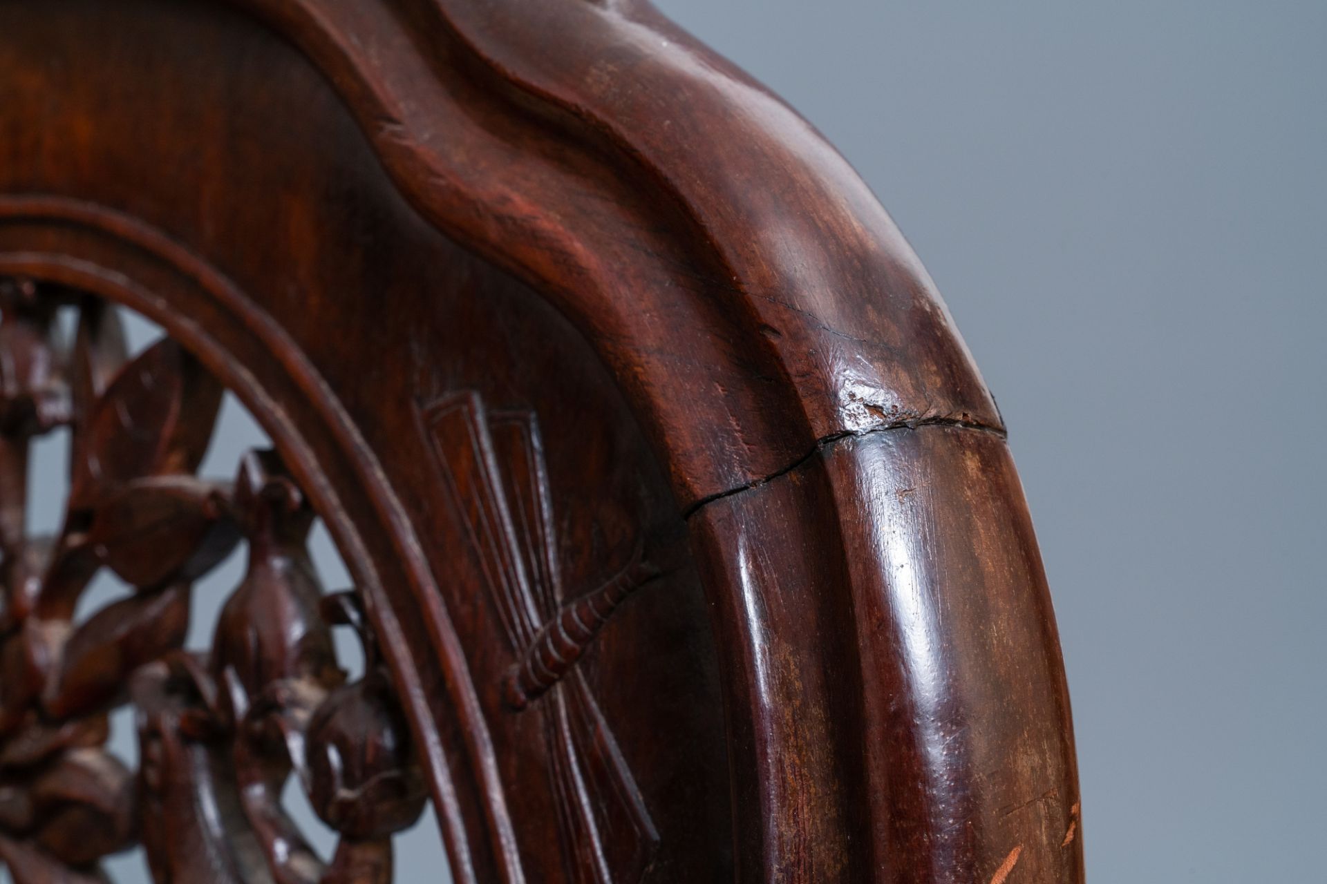 Four wooden chairs with reticulated backs, Macao or Portuguese colonial, 19th C. - Image 37 of 47