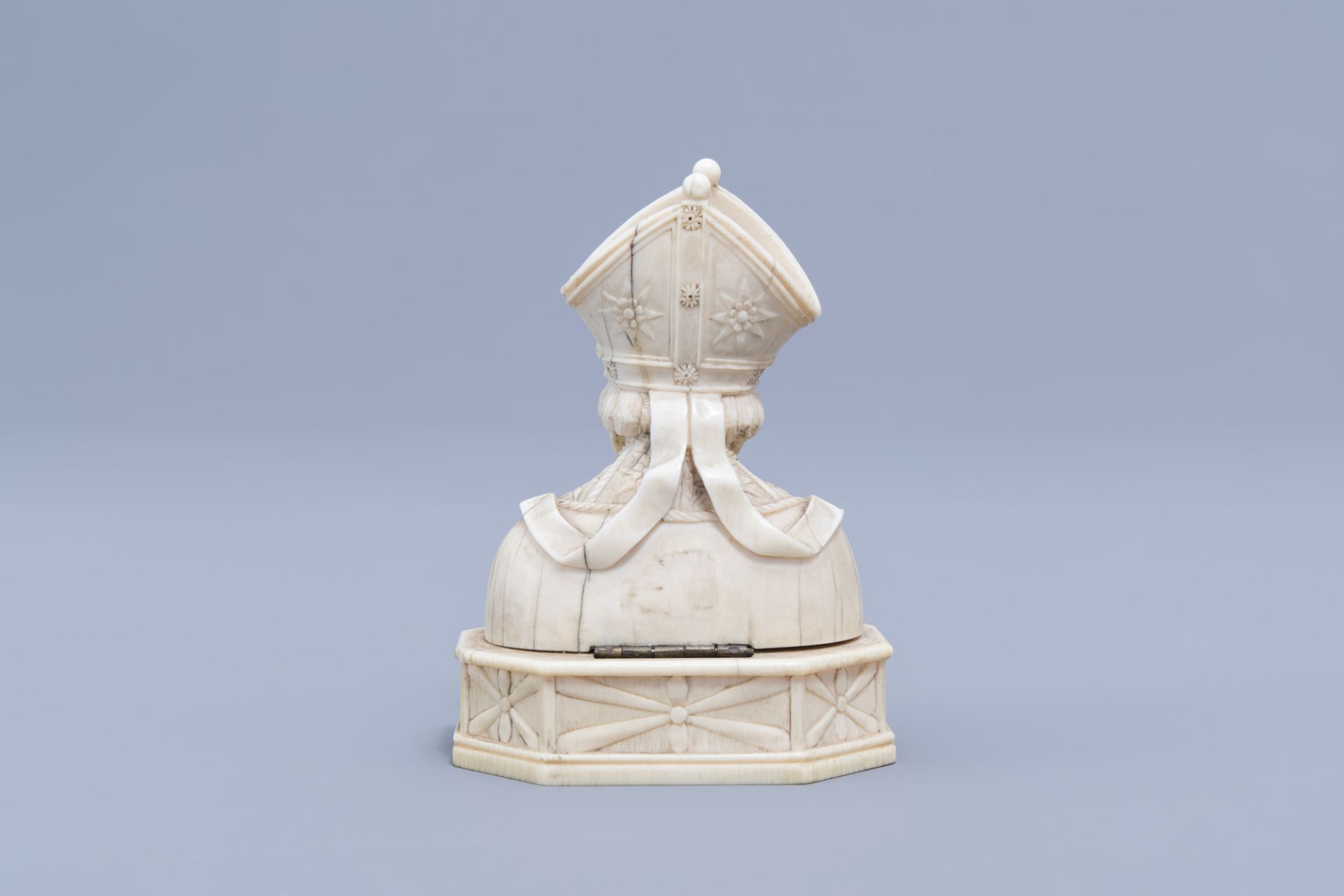 A French carved ivory bishop bust shaped reliquary, Dieppe, 19th C. - Image 6 of 11