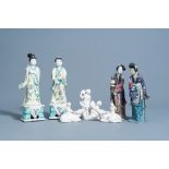 Seven Chinese famille rose, verte and blanc de Chine porcelain figures and groups, 20th C.