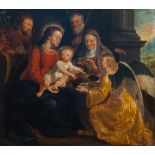 Flemish school: The Holy Family with Saints Anne and Joachim and an angel, oil on panel, 17th C.