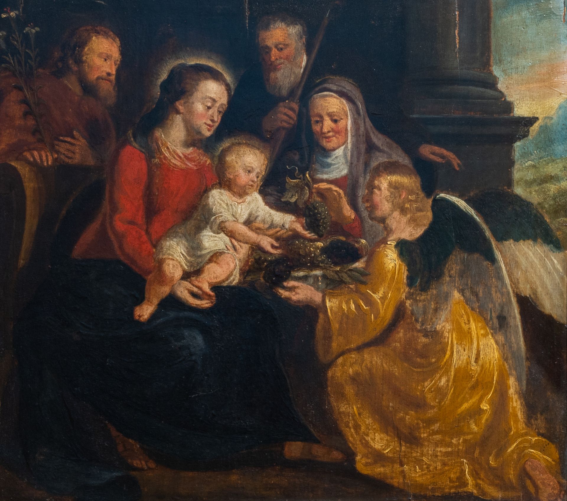 Flemish school: The Holy Family with Saints Anne and Joachim and an angel, oil on panel, 17th C.