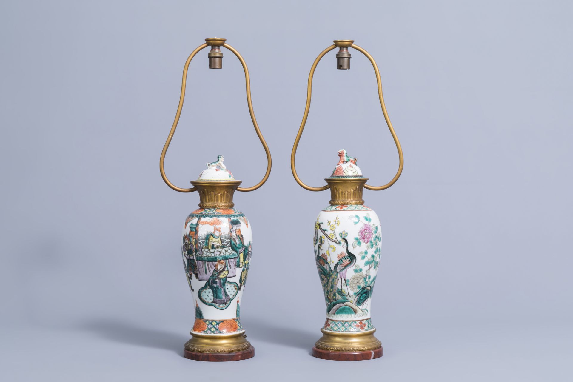 Two various Chinese famille verte and famille rose vases and covers mounted as lamps, 19th C.