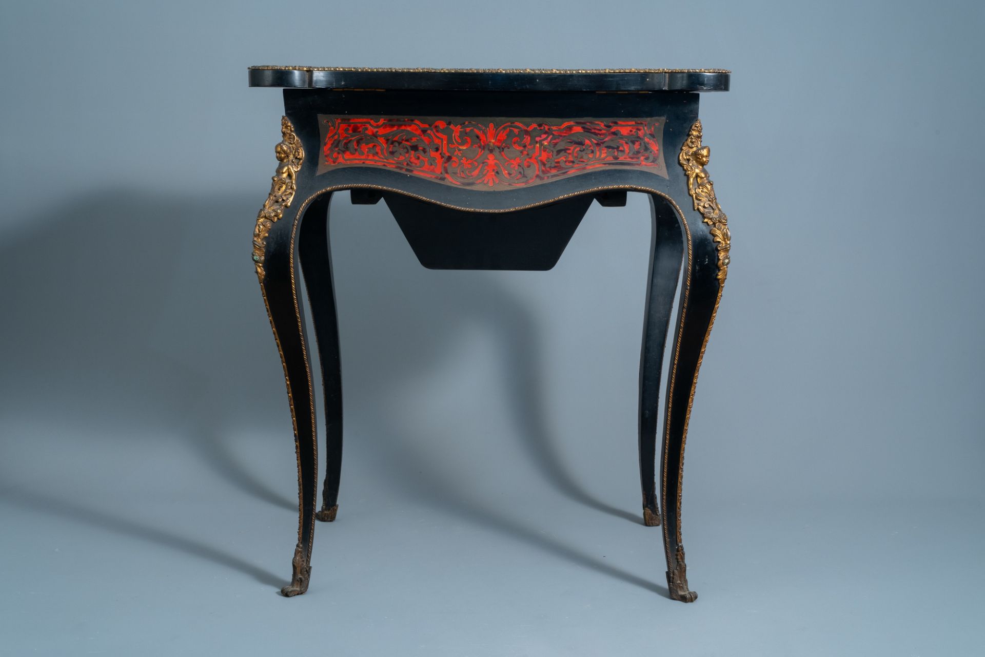 A French Historicism gilt mounted and brass marquetry sewing table, L. Grade F. - R(ue) Castex 9, 19 - Image 4 of 13