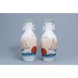 A pair of Chinese polychrome vases with a boat, 20th C.