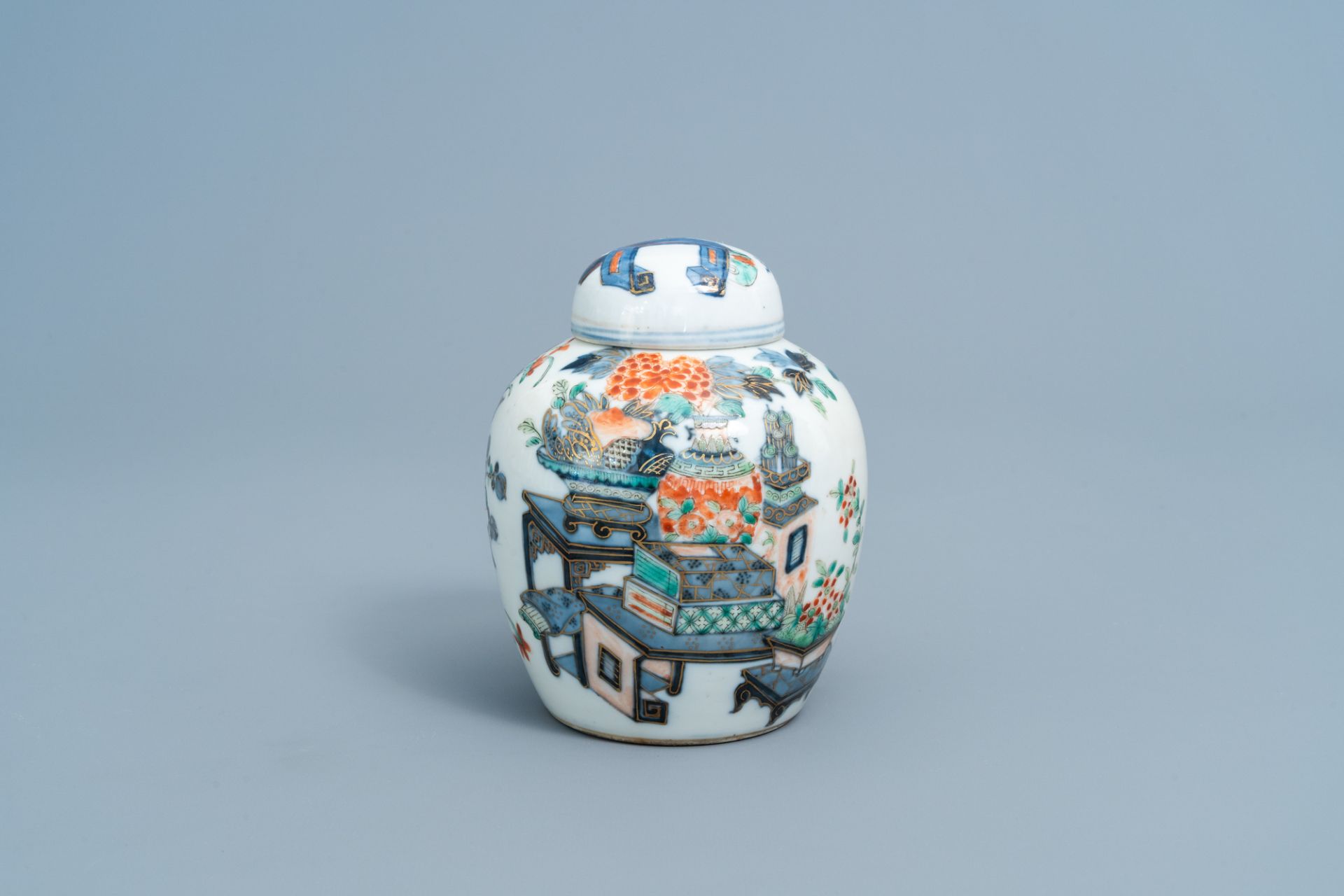 A Chinese doucai 'antiquities' jar and cover, Kangxi mark, 19th C.