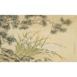 Chinese school, probably Qu Zhaolin (1866-1937), ink and colours on silk: A flowery landscape