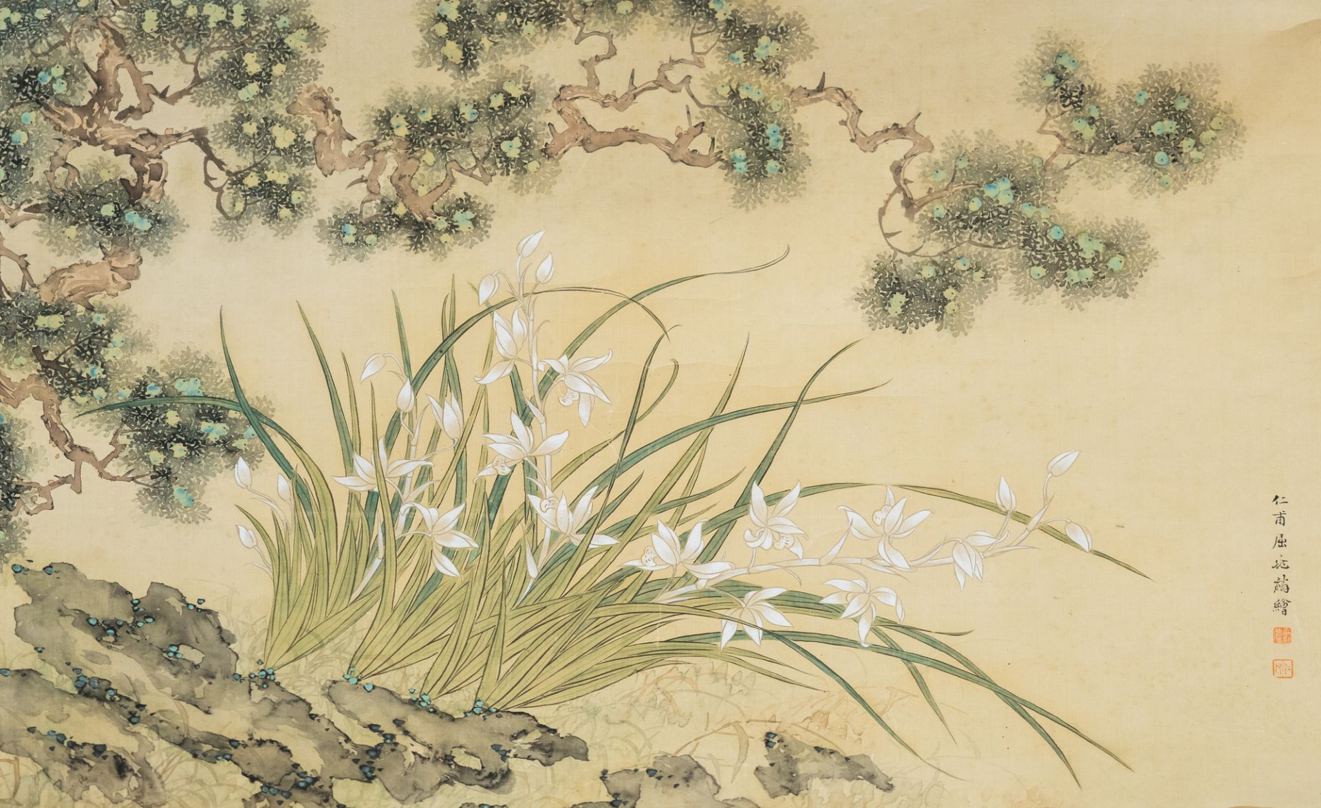 Chinese school, probably Qu Zhaolin (1866-1937), ink and colours on silk: A flowery landscape