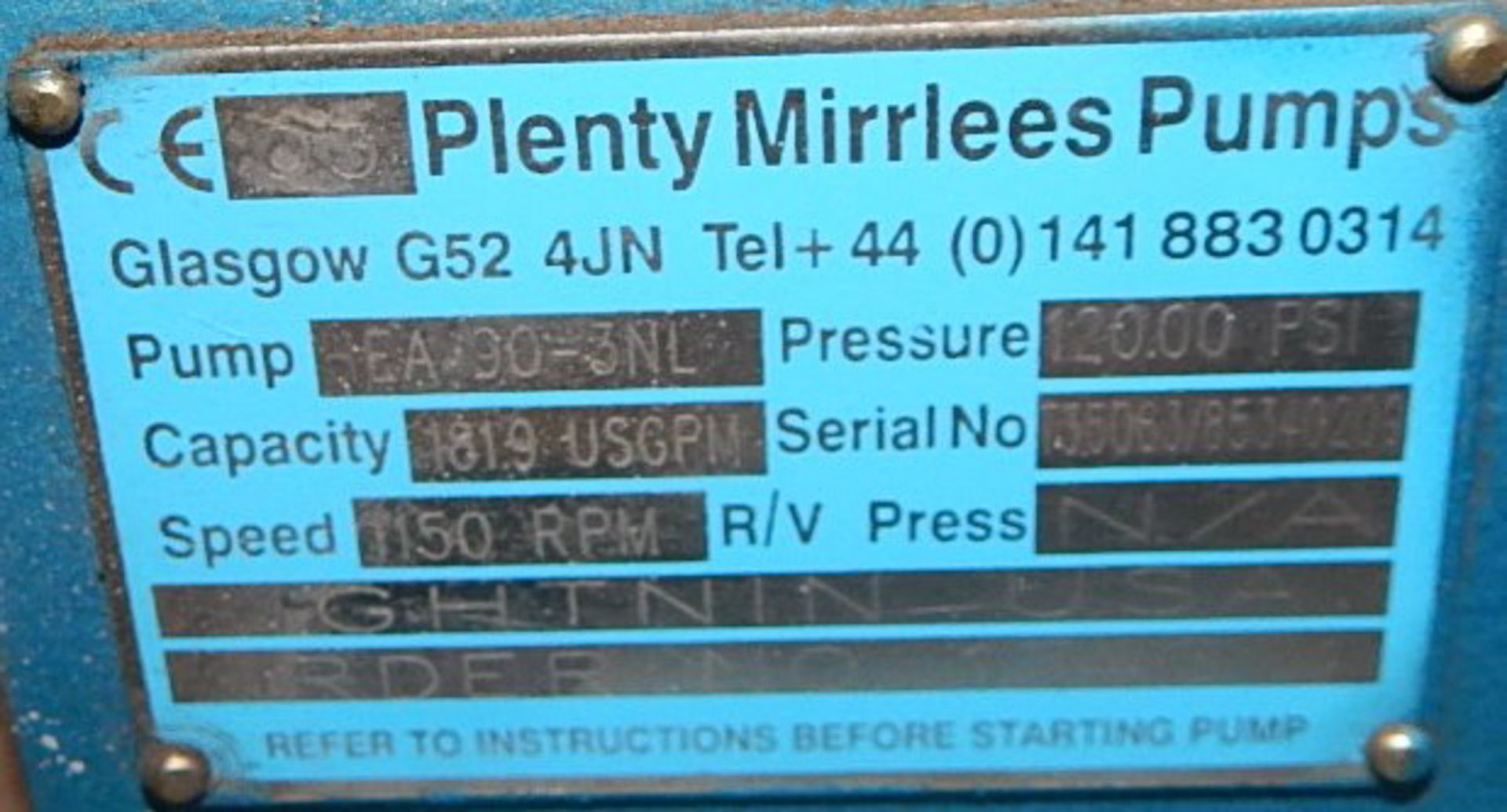 PLENTY MIRRLEES HEA90-3NL PUMP WITH 1150 RPM, 120 PSI, 1819 USGPM, S/N: N/A (CI) [RIGGING FEE FOR - Image 3 of 3