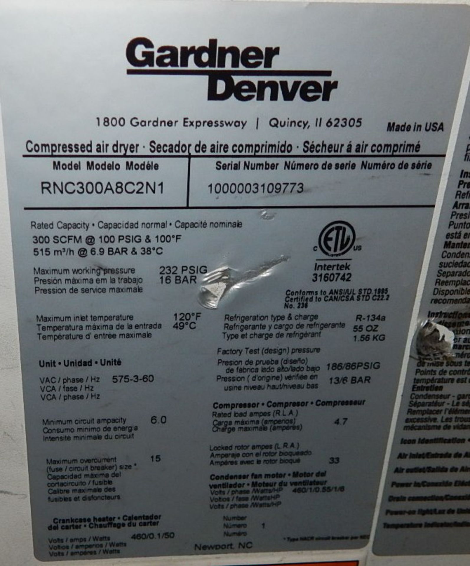 GARDNER DENVER RNC300A8C2N1 REFRIGERATED AIR DRYER WITH 300 CFM, S/N: 1000003109773 (CI) [RIGGING - Bild 5 aus 5