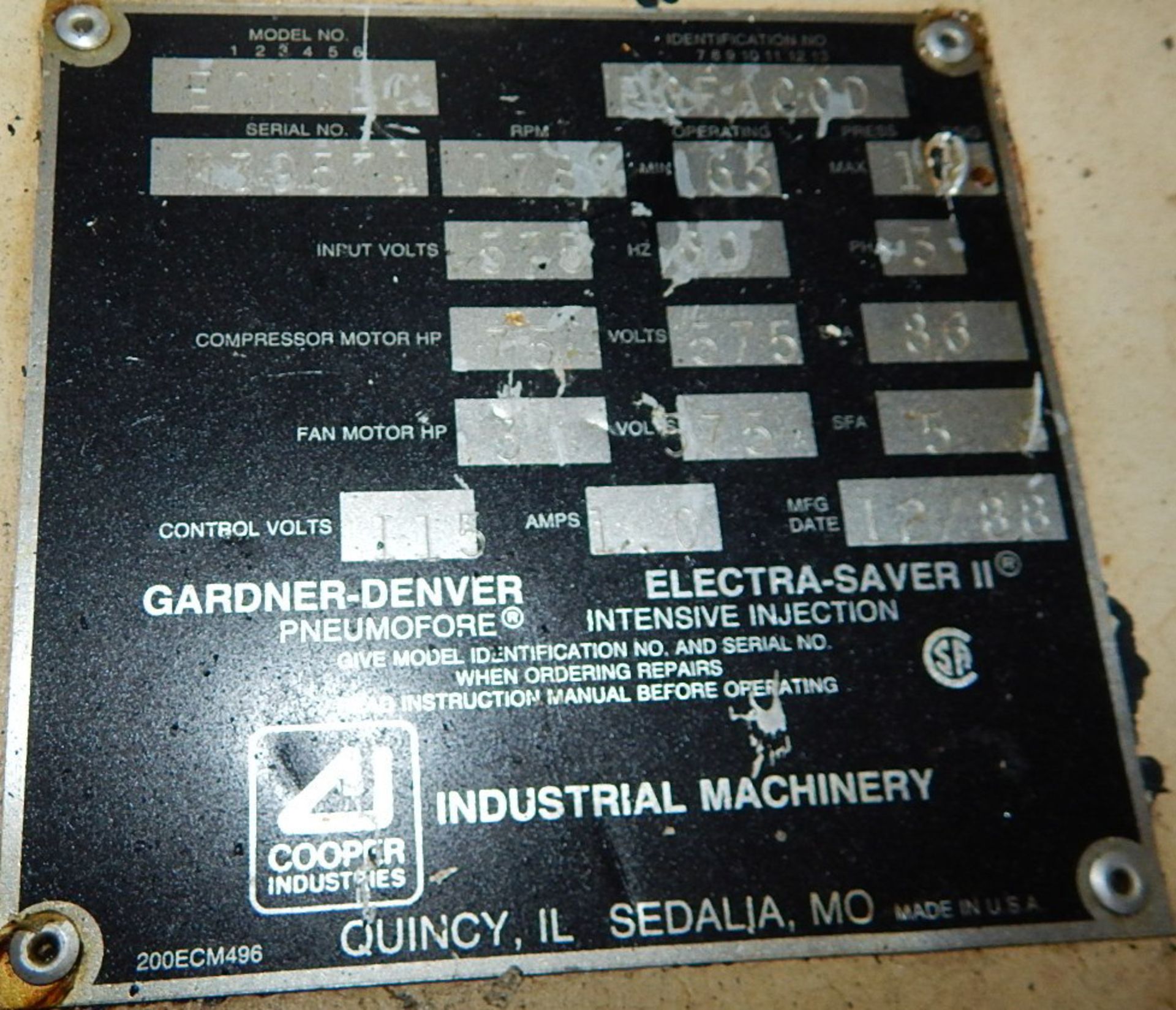 GARDNER DENVER ECMQLC ELECTRA- SAVER II ROTARY SCREW AIR COMPRESSOR WITH 75 HP, 110 PSI, S/N: M39571 - Bild 9 aus 9