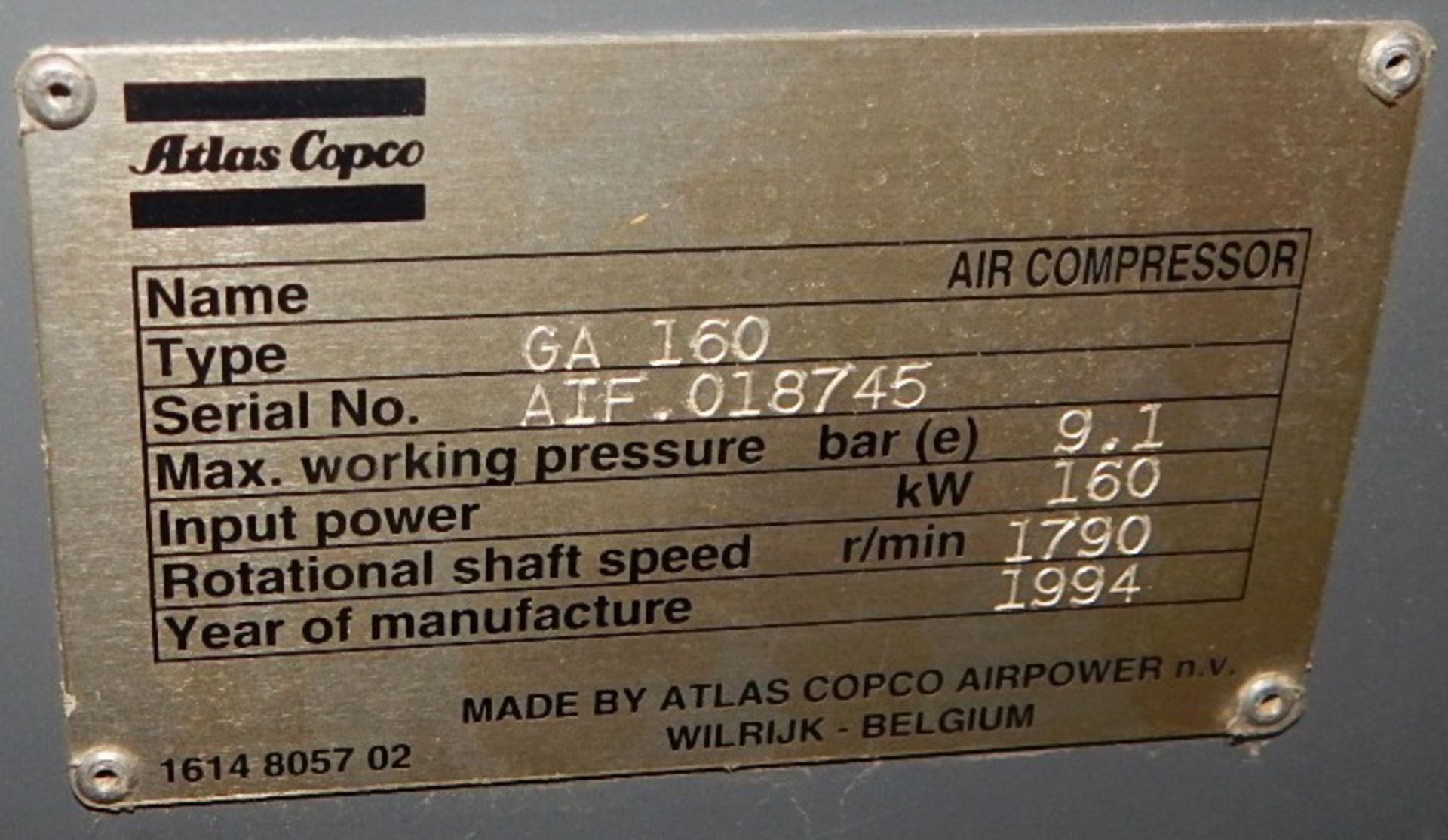 ATLAS COPCO GA160 ROTARY SCREW AIR COMPRESSORS WITH 200 HP, 157 PSI, S/N: AIF.018745 (CI) [RIGGING - Image 7 of 7