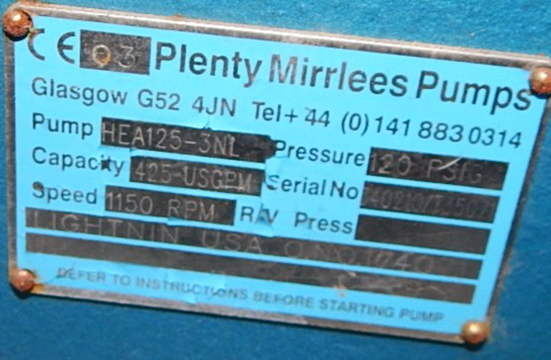 PLENTY MIRRLEES HEA125-3NL PUMP WITH 1150 RPM, 120 PSI, 425 USGPM, S/N: T35071 (CI) [RIGGING FEE FOR - Image 4 of 4