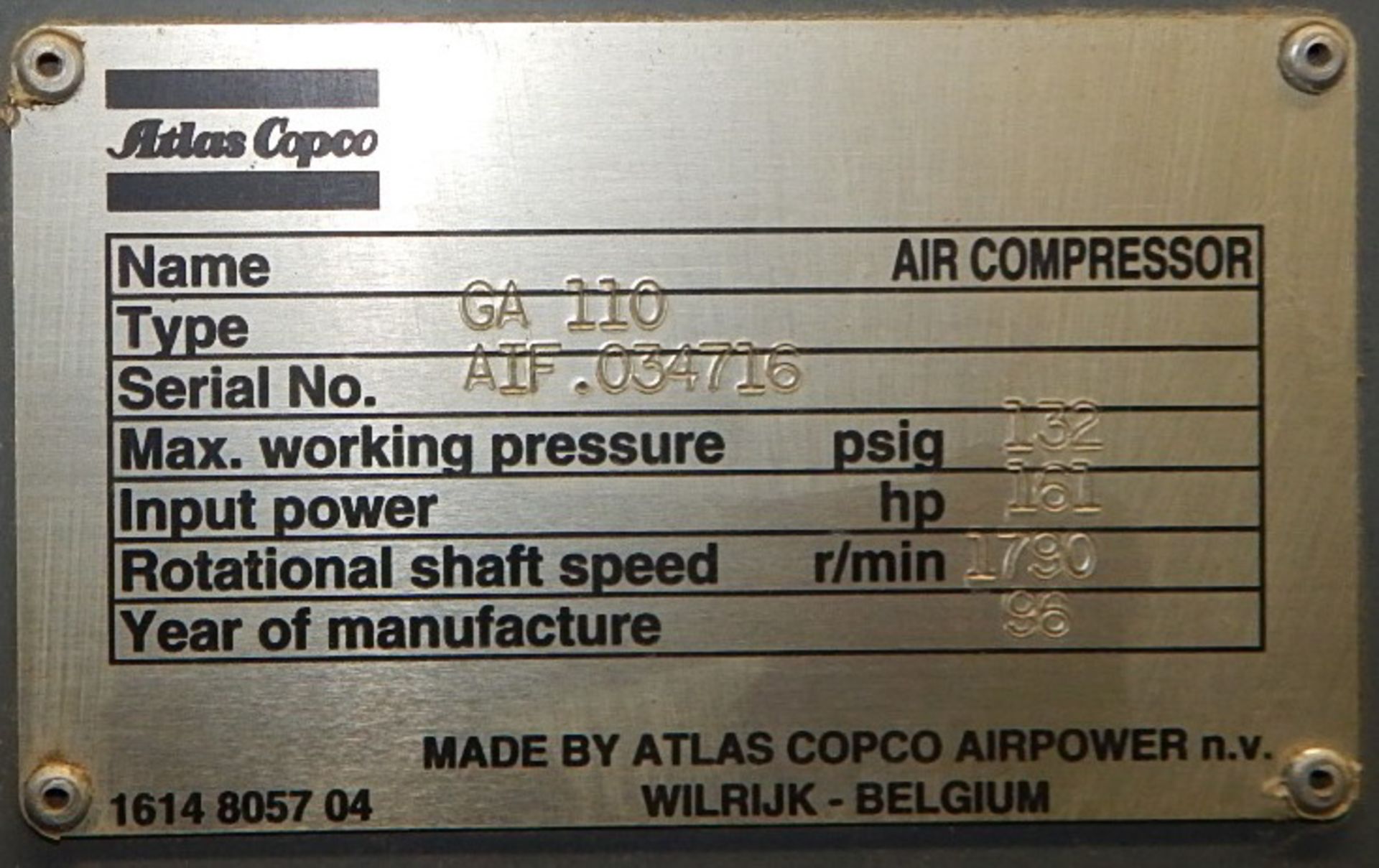 ATLAS COPCO GA110 ROTARY SCREW AIR COMPRESSOR WITH 161 HP, 132 PSI, S/N: AIF.034716 (CI) [RIGGING - Bild 5 aus 5