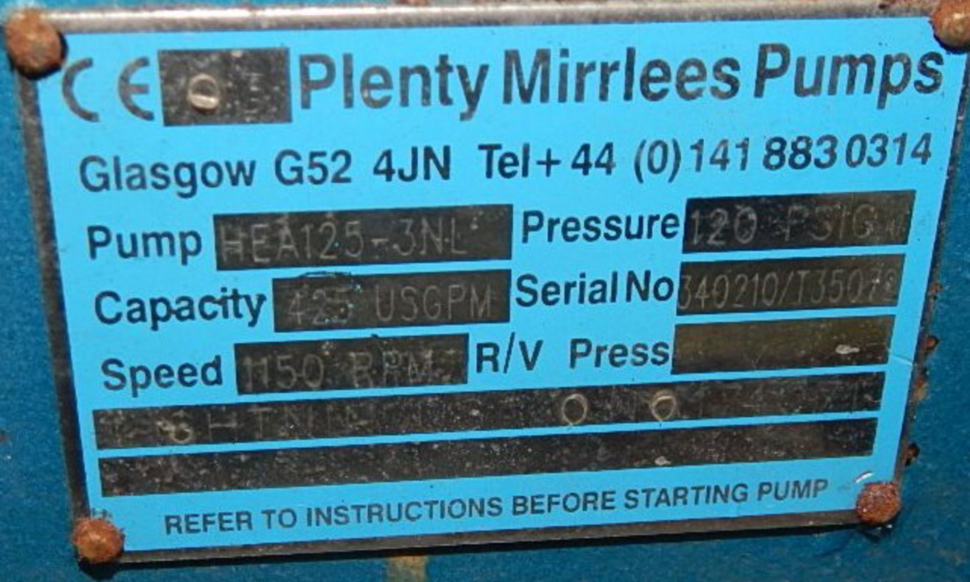 PLENTY MIRRLEES HEA125-3NL PUMP WITH 1150 RPM, 120 PSI, 425 USGPM, S/N: T35072 (CI) [RIGGING FEE FOR - Bild 4 aus 4