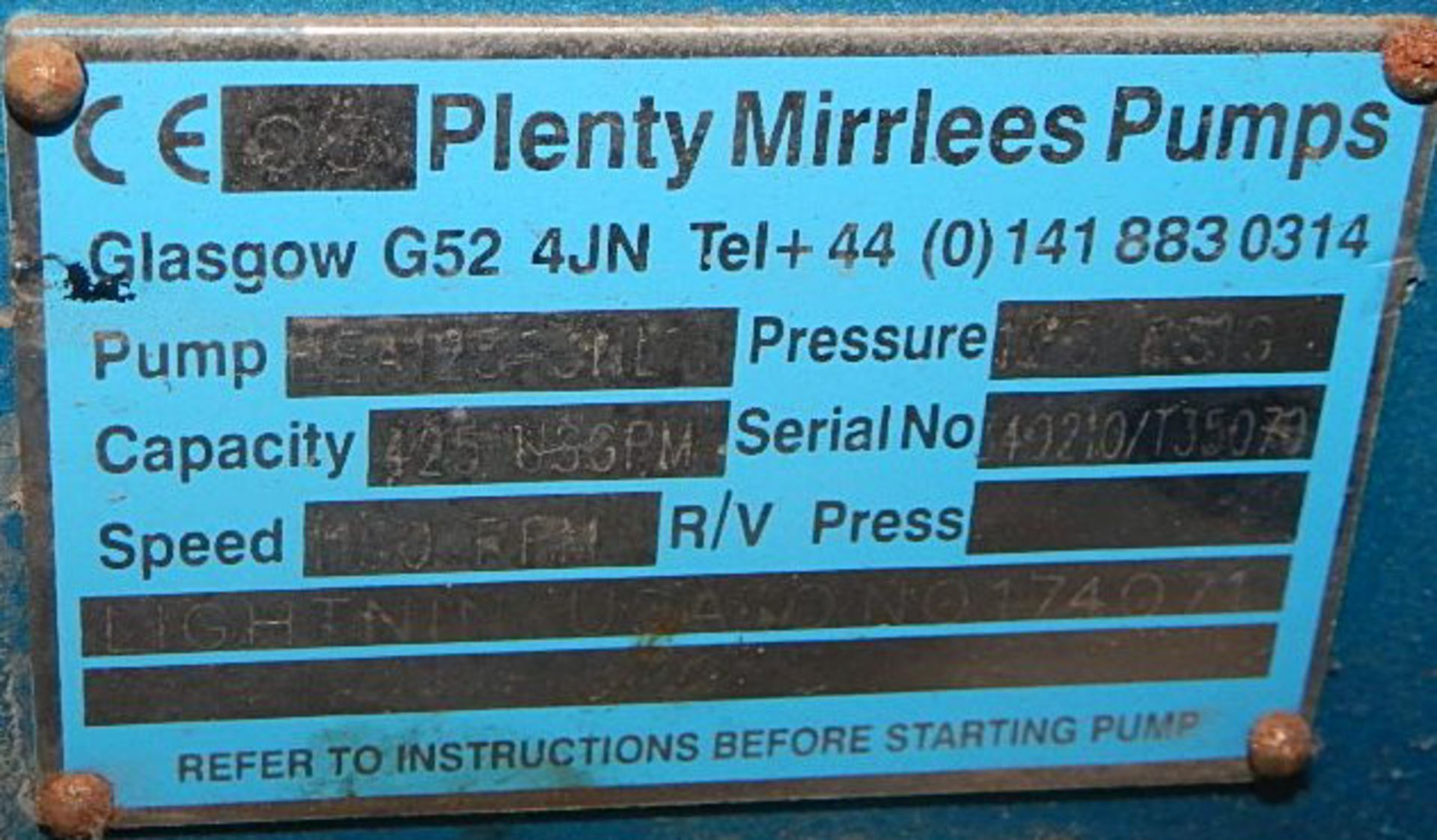 PLENTY MIRRLEES HEA125-3NL PUMP WITH 1150 RPM, 120 PSI, 425 USGPM, S/N: T35070 (CI) [RIGGING FEE FOR - Bild 5 aus 5