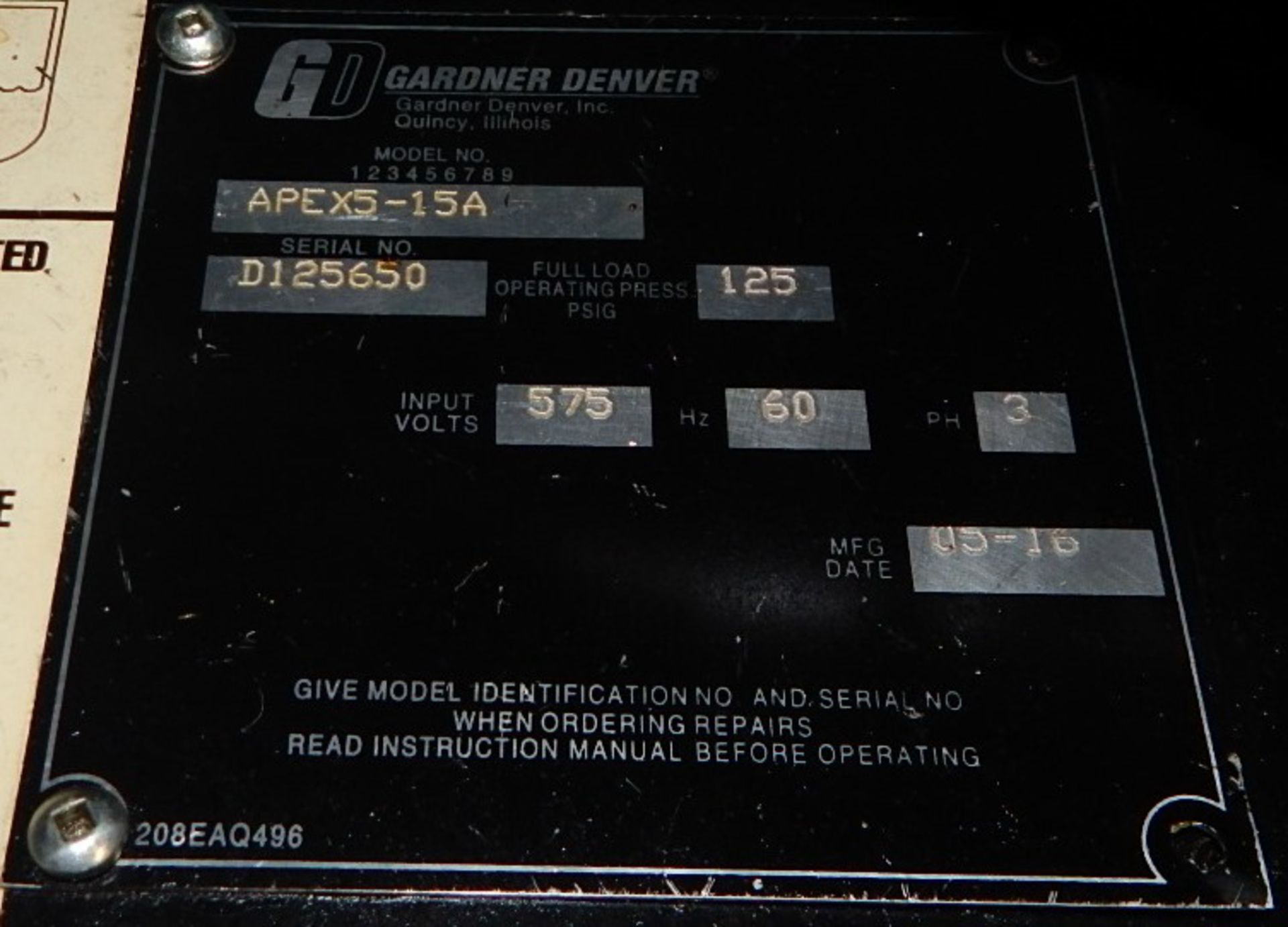 GARDNER DENVER APEX5-15A ROTARY SCREW AIR COMPRESSOR WITH 15 HP, 123 PSI, S/N: D125650 (CI) [RIGGING - Bild 6 aus 6