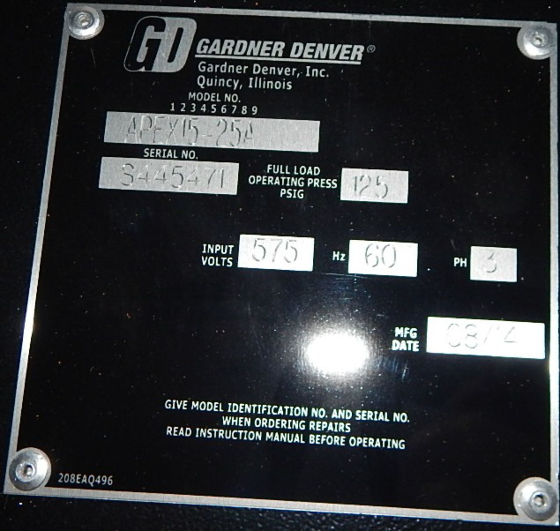 GARDNER DENVER (2014) APEX15-25A ROTARY SCREW AIR COMPRESSOR WITH 25 HP, 125 PSI, S/N: 8445471 ( - Bild 7 aus 7