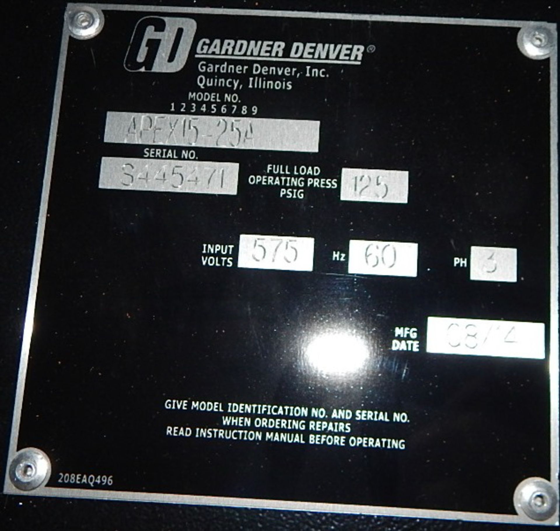 GARDNER DENVER (2014) APEX15-25A ROTARY SCREW AIR COMPRESSOR WITH 25 HP, 125 PSI, S/N: 8445471 ( - Image 7 of 7