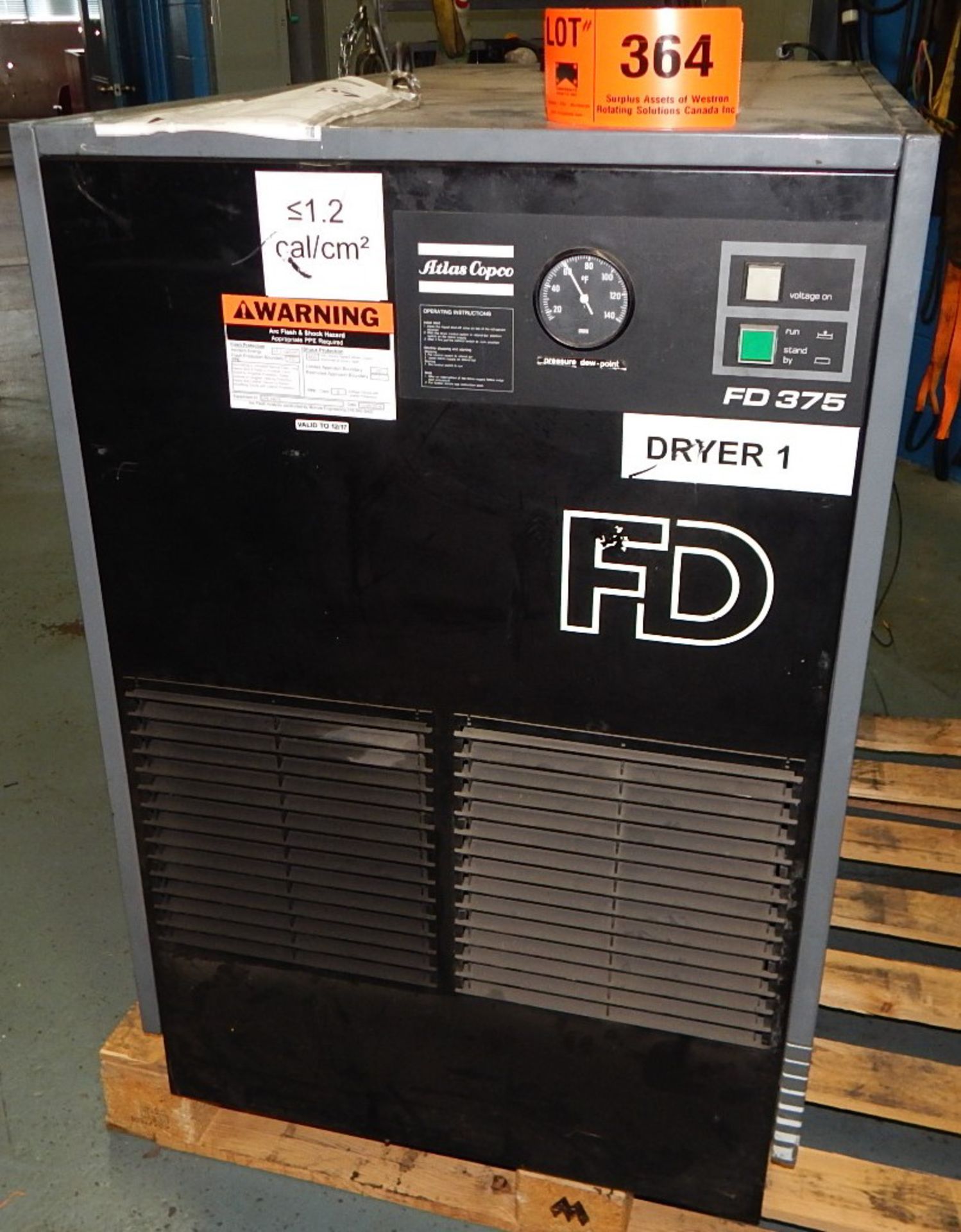 ATLAS COPCO FD375 REFRIGERATED AIR DRYER WITH 290 PSI, S/N: 326418 (CI) [RIGGING FEE FOR LOT #