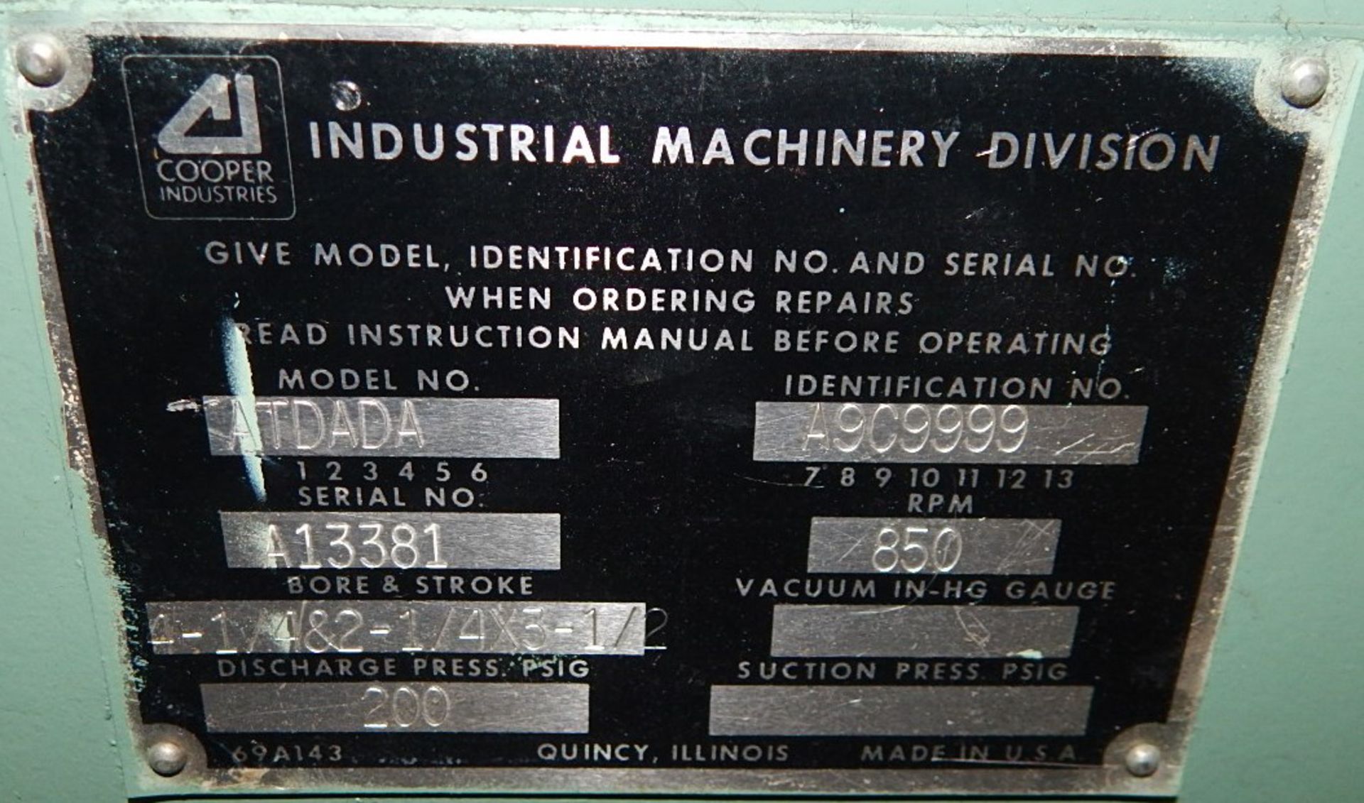 COOPER INDUSTRIES/GARDNER DENVER ATDADA COMPRESSOR PUMP WITH 200 PSI, 850 RPM, S/N: A13381 (CI) [ - Image 4 of 4