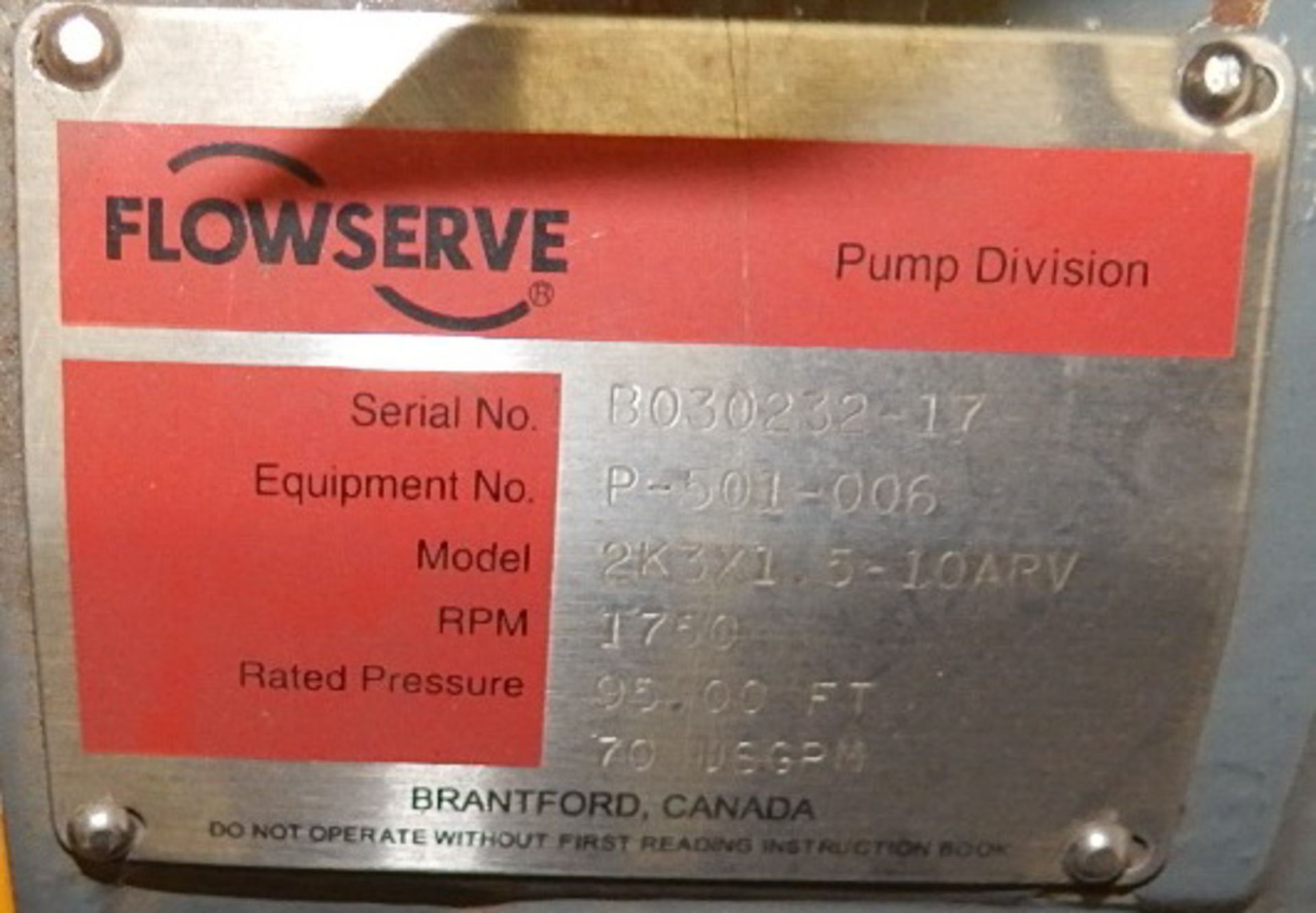FLOWSERVE 2K3X1.5-10ARV CENTRIFUGAL PUMP WITH 1700 RPM, 70 USGMP, S/N: B020232-17 (CI) [RIGGING - Image 4 of 4