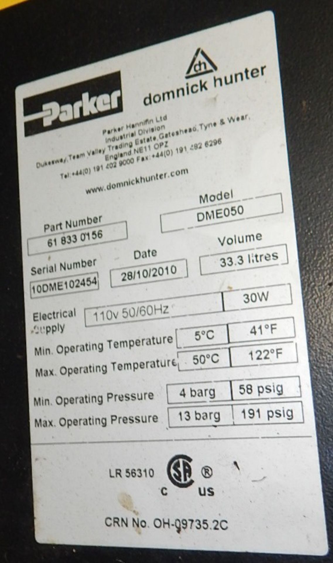 PARKER/DOMNICK HUNTER (2010) PNEUDRI DME050 DESICCANT AIR DRYER WITH 33.3L VOLUME, 191 PSI, S/N: - Image 3 of 3