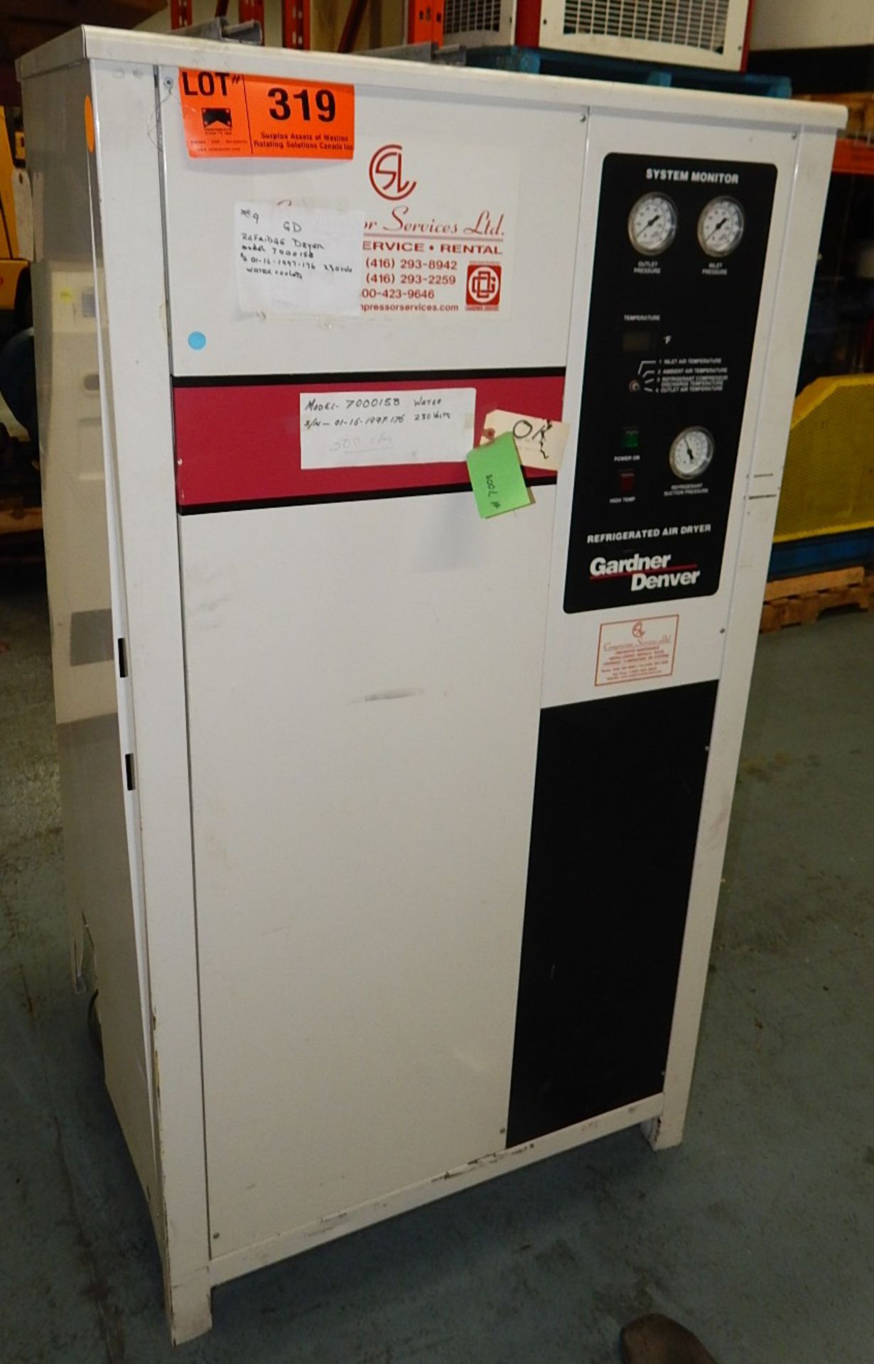 GARDNER DENVER MODEL 7000158 REFRIGERATED AIR DRYER WITH 500 CFM, S/N: 01-16-1997-176 (CI) [